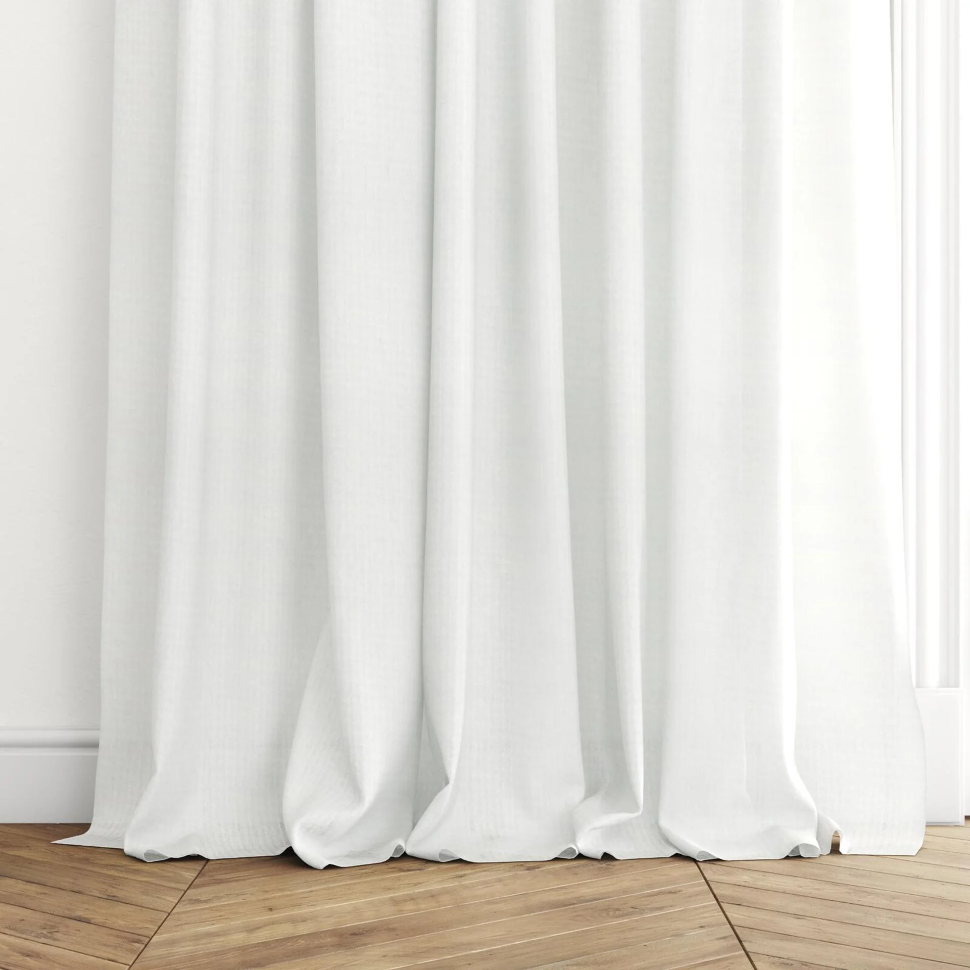 Bottom view of Crystal Ivory, puddled with pinch pleat, on curtain rod