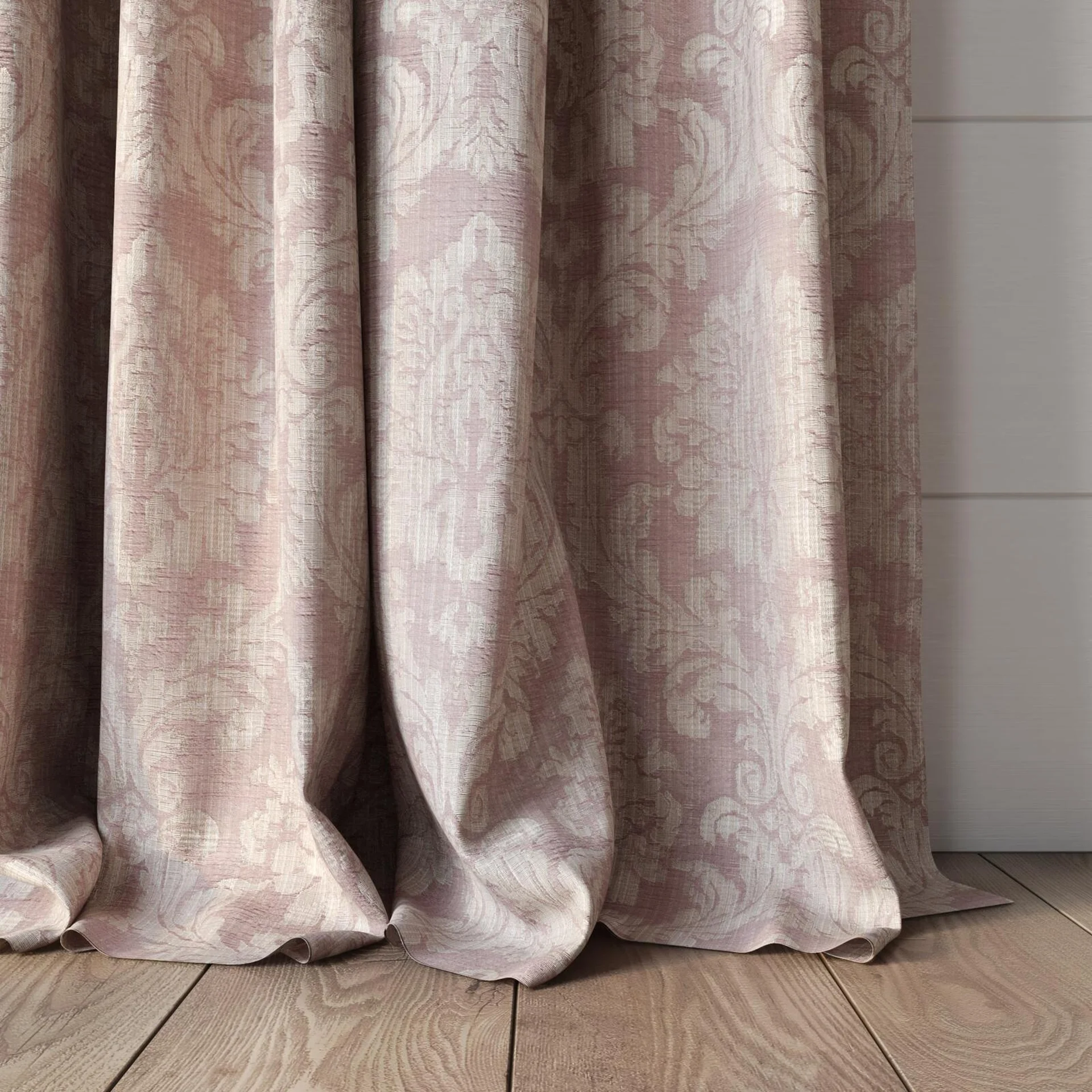 Bottom view of Damian Blossom, puddled, on curtain rod