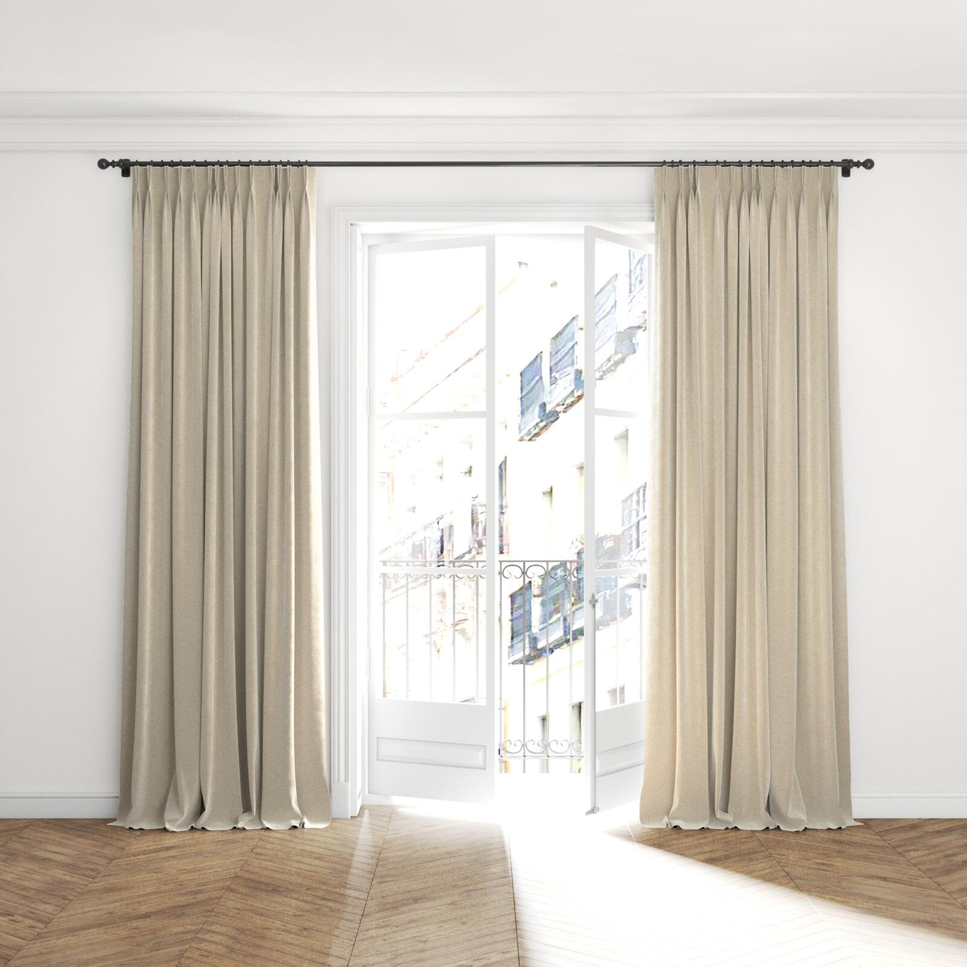 Full view of Moon Ivory, puddled with pinch pleat, on curtain rod