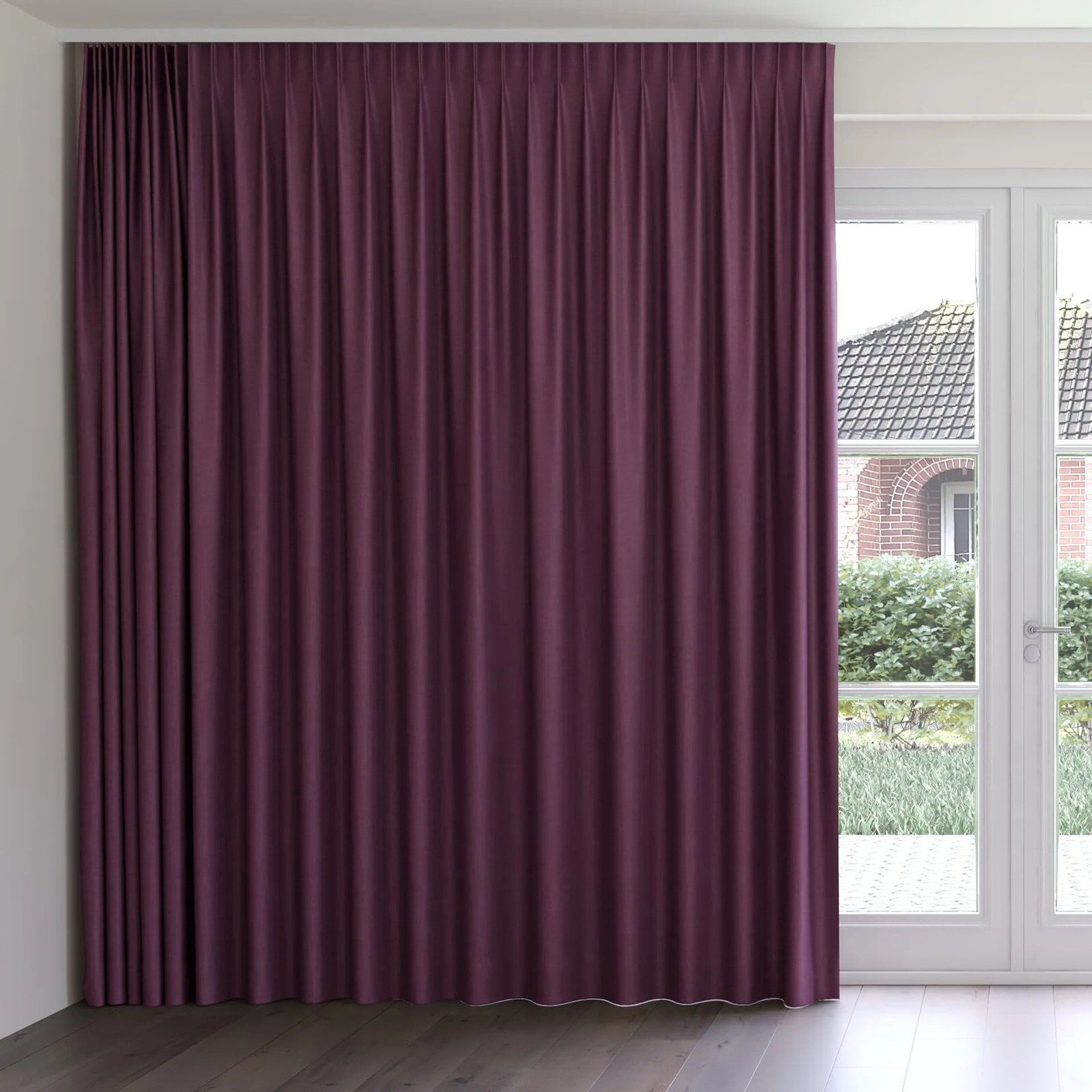 Front view of Frisco Plum, on curtain rail
