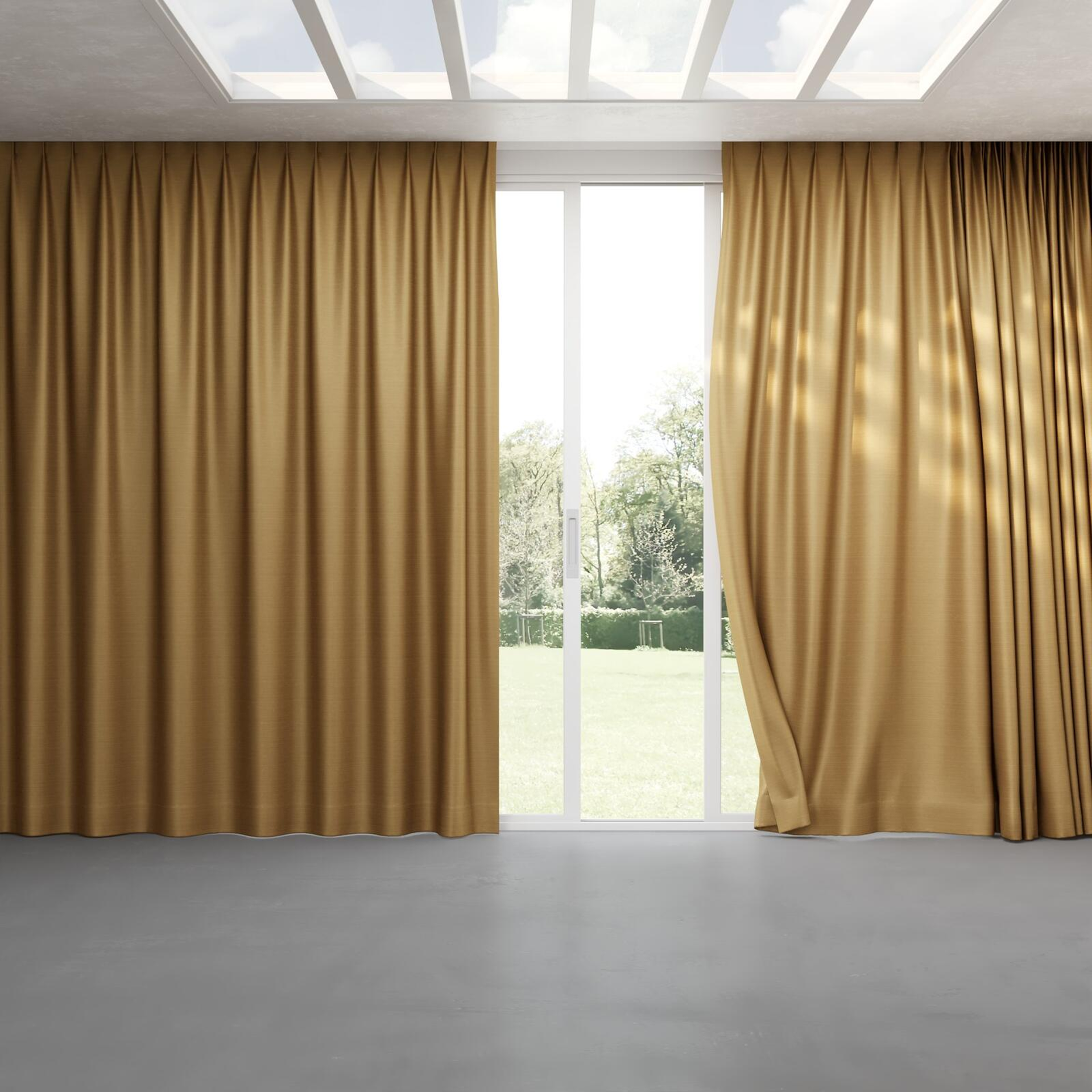 Full view of Silky Biscuit, pinch pleat