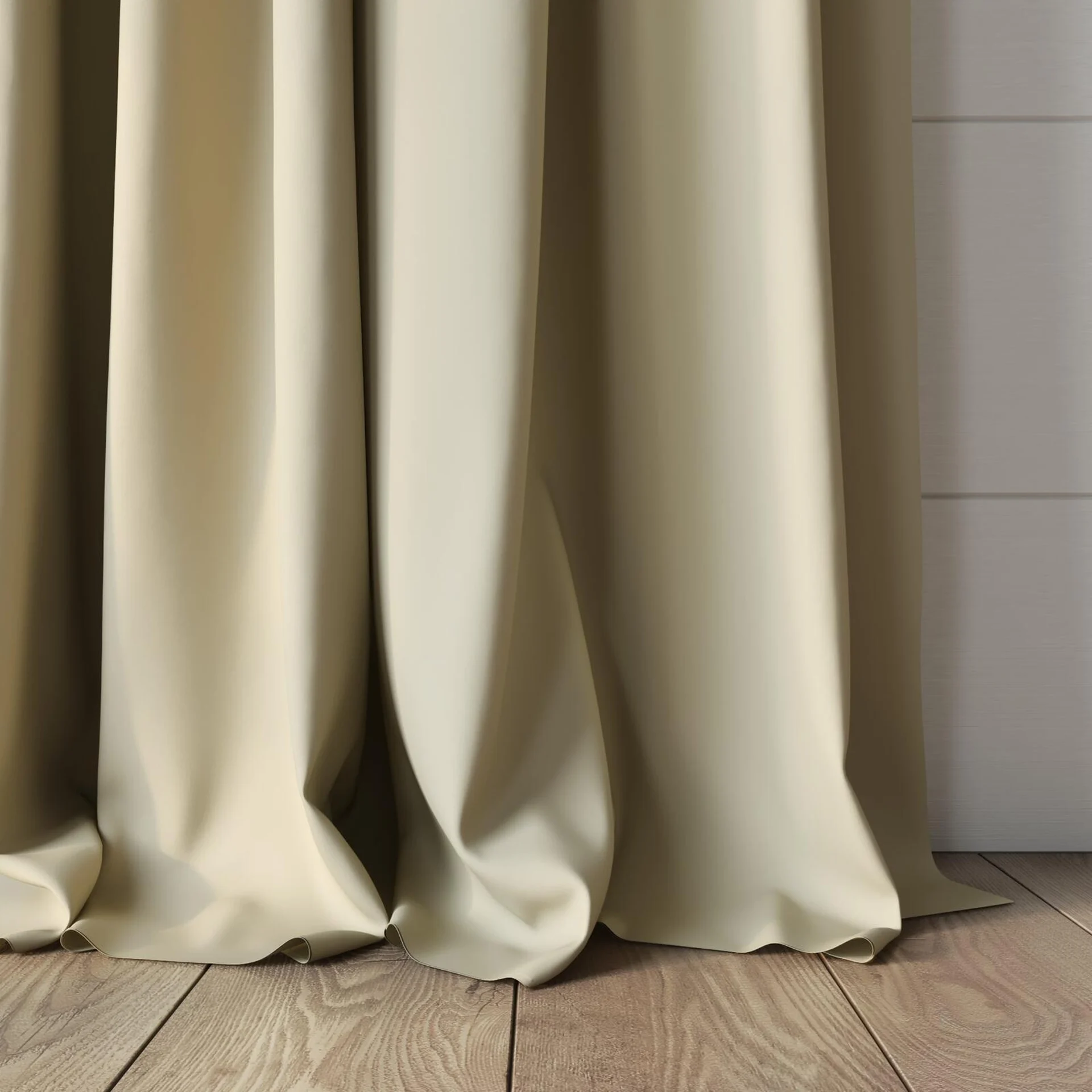 Bottom view of Vela Sand, puddled, on curtain rod