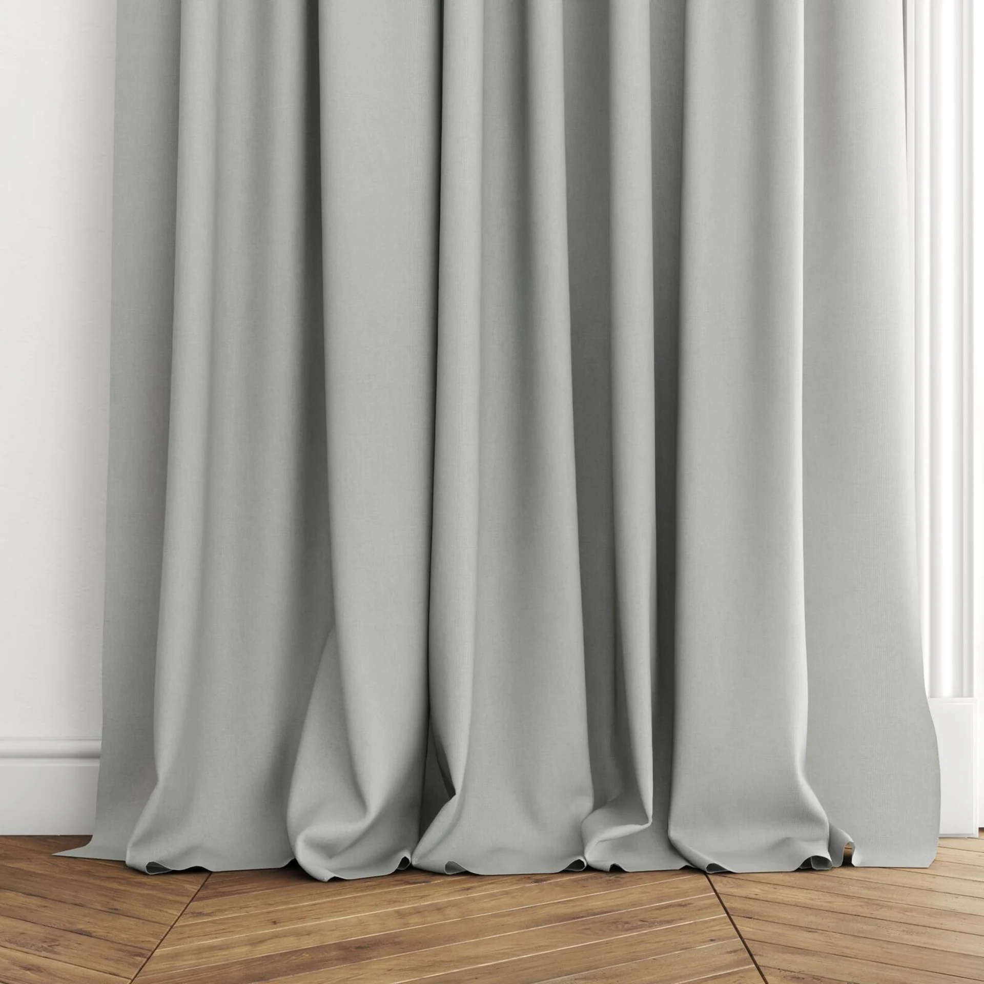 Bottom view of Ophelia Cyclone, puddled with pinch pleat, on curtain rod