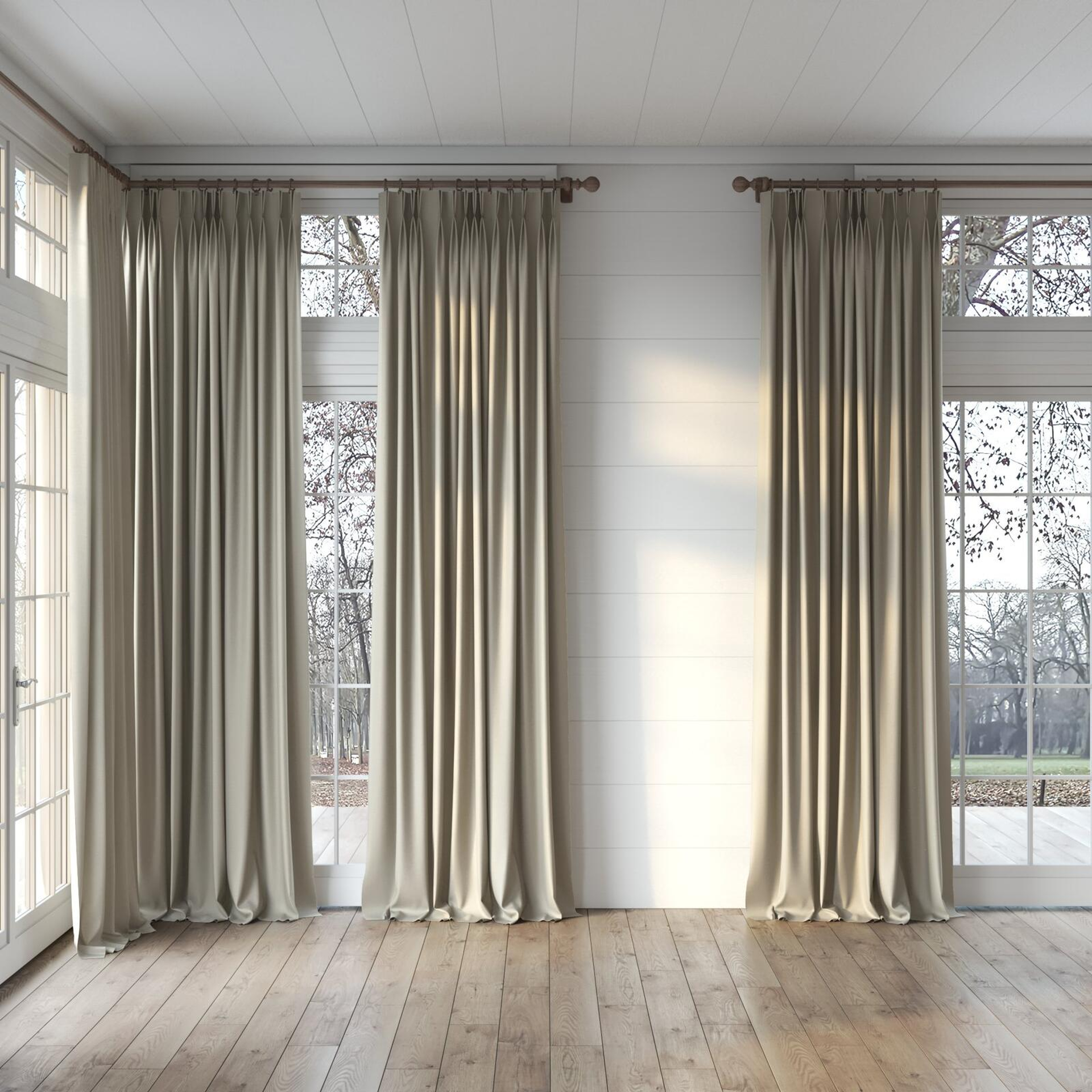 Full view of Atelier Linen, puddled, on curtain rod