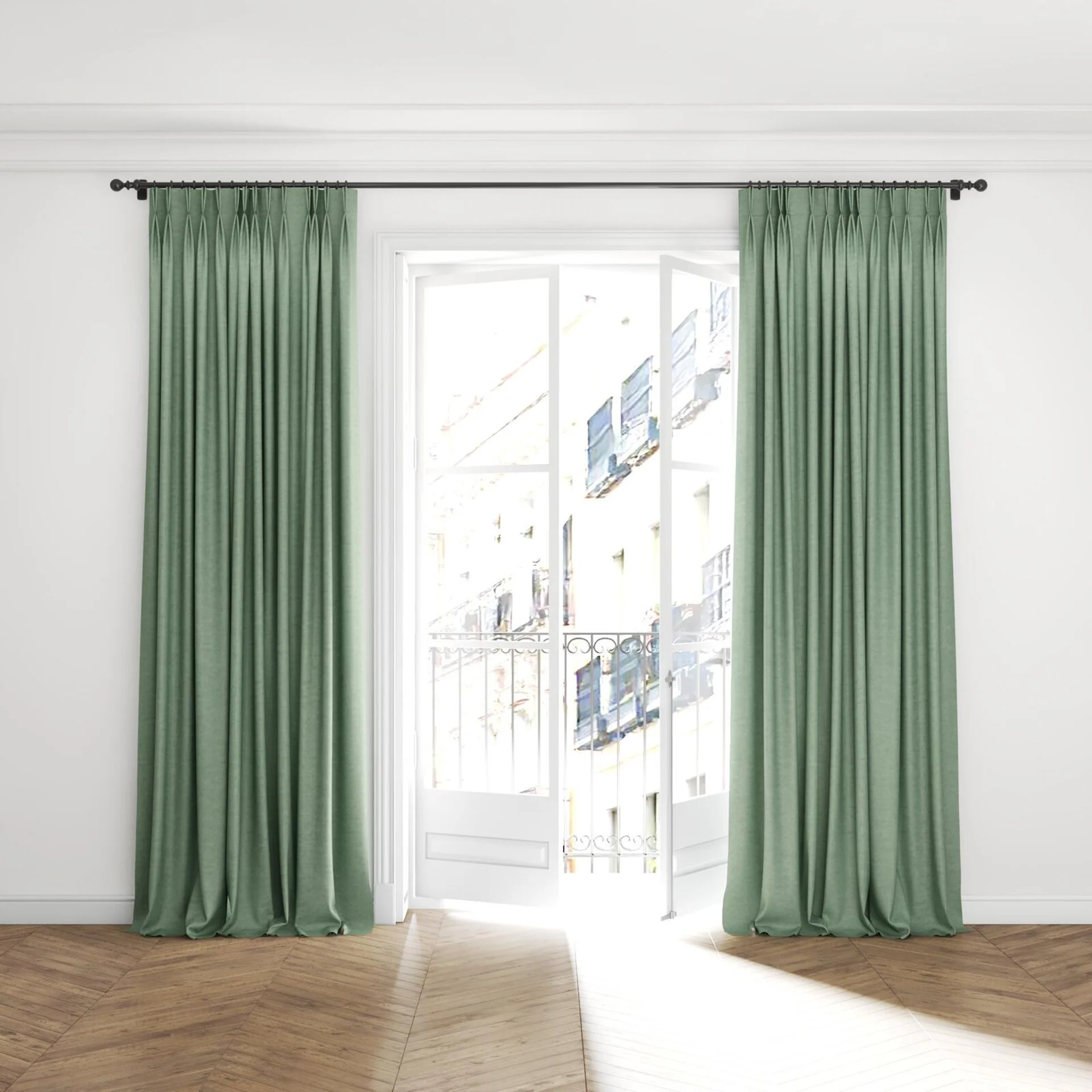 Full view of Colourwash Bottle, puddled with pinch pleat, on curtain rod
