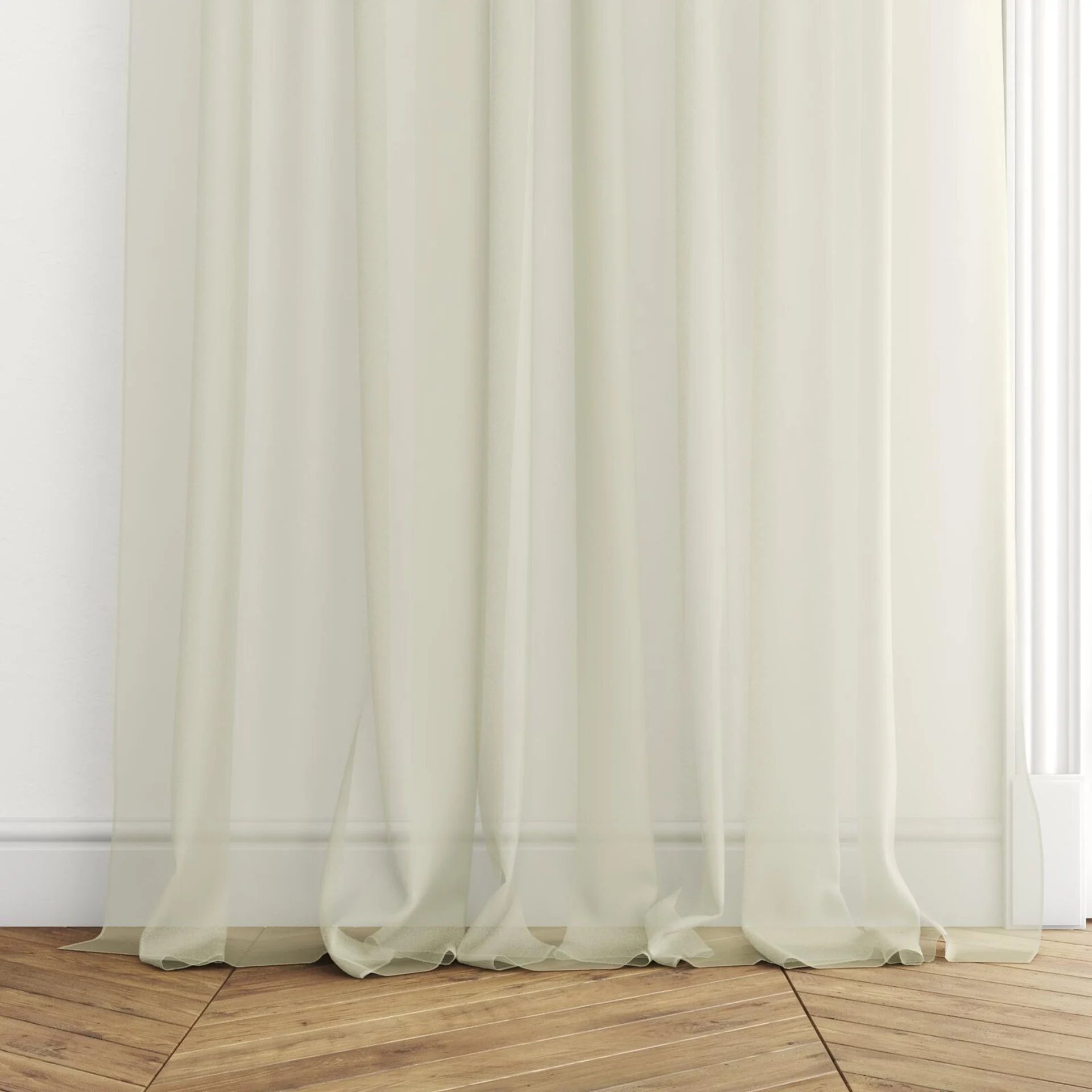 Bottom view of Xo Putty, puddled with pinch pleat, on curtain rod