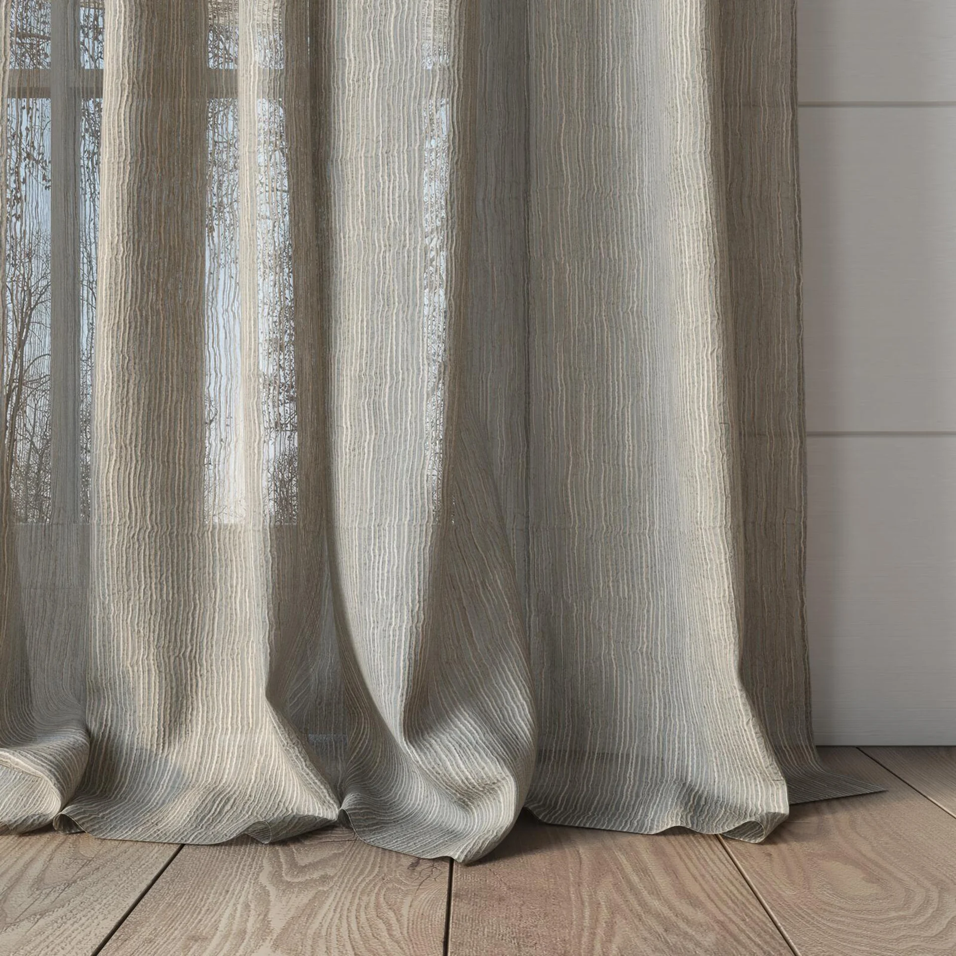Bottom view of Turbulent Haze, puddled, on curtain rod