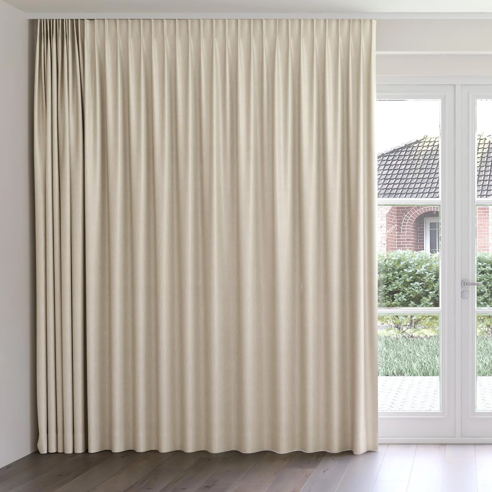 Front view of Hombre Cream, on curtain rail