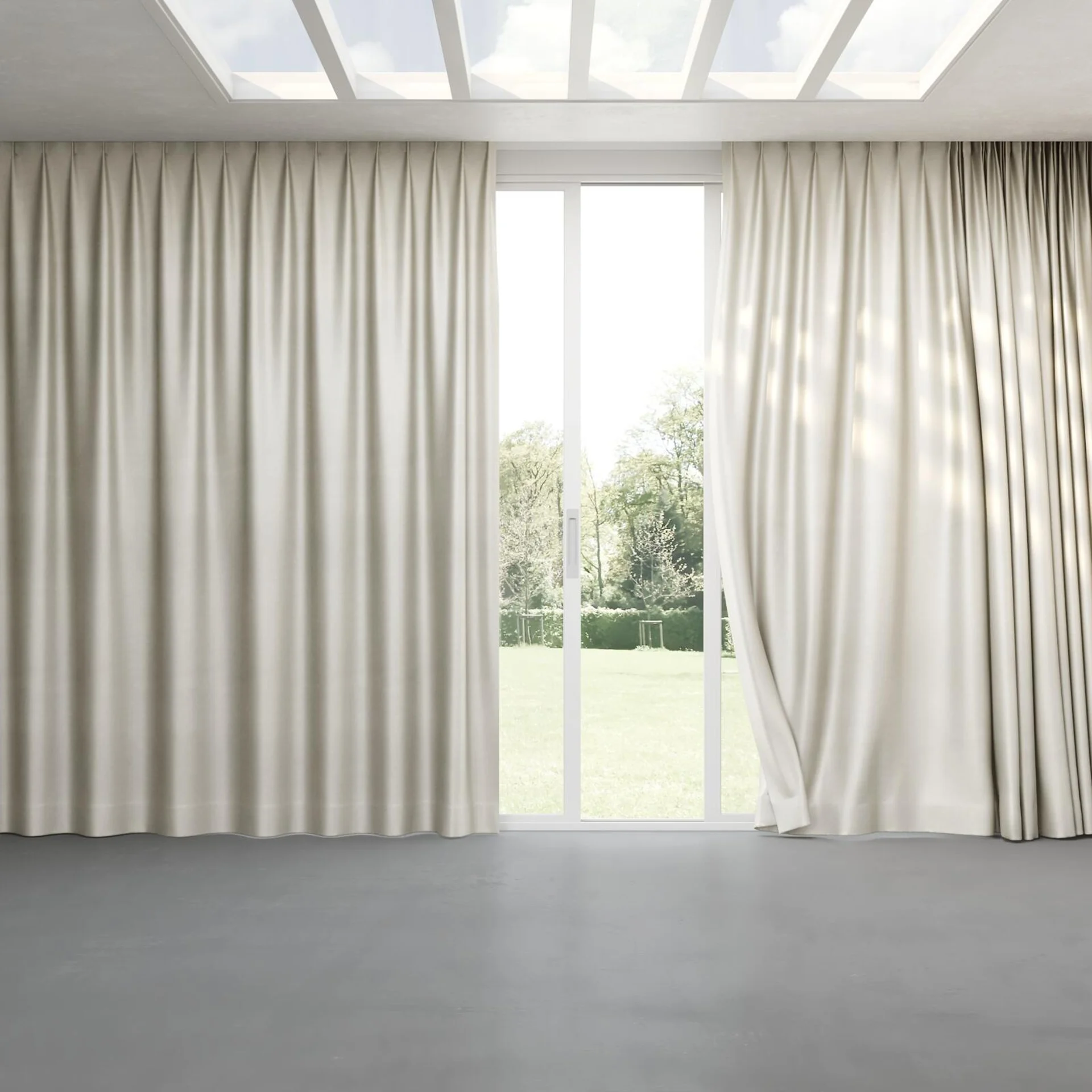 Full view of Glacial Sesame, pinch pleat