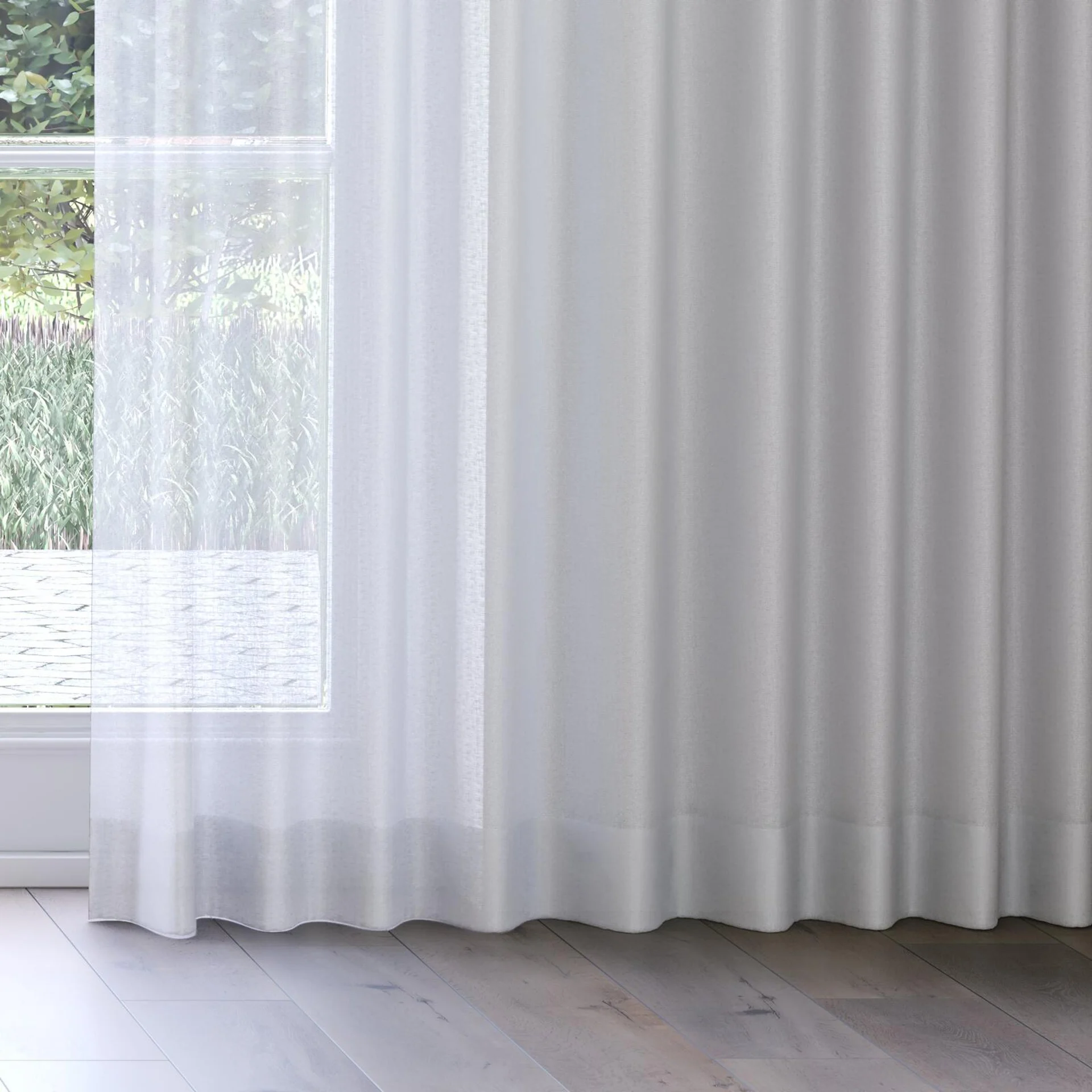 Bottom view of Kanso Stonewash Dove Grey, on curtain rail