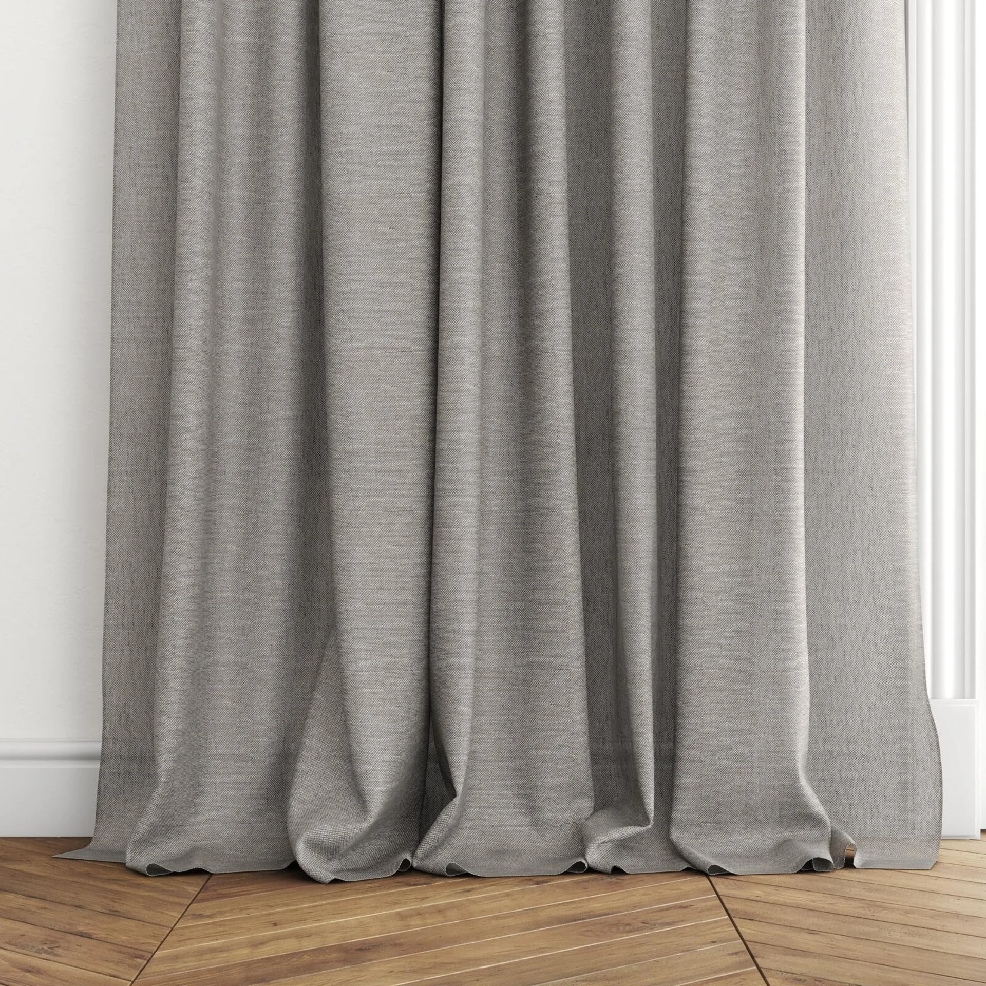 Bottom view of Lucidity Slate, puddled with pinch pleat, on curtain rod