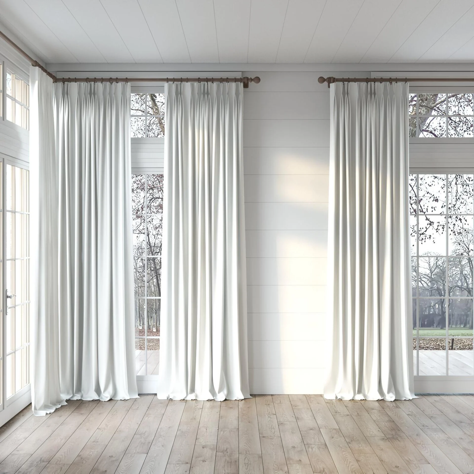 Full view of Colourwash Eco Marshmallow, puddled, on curtain rod