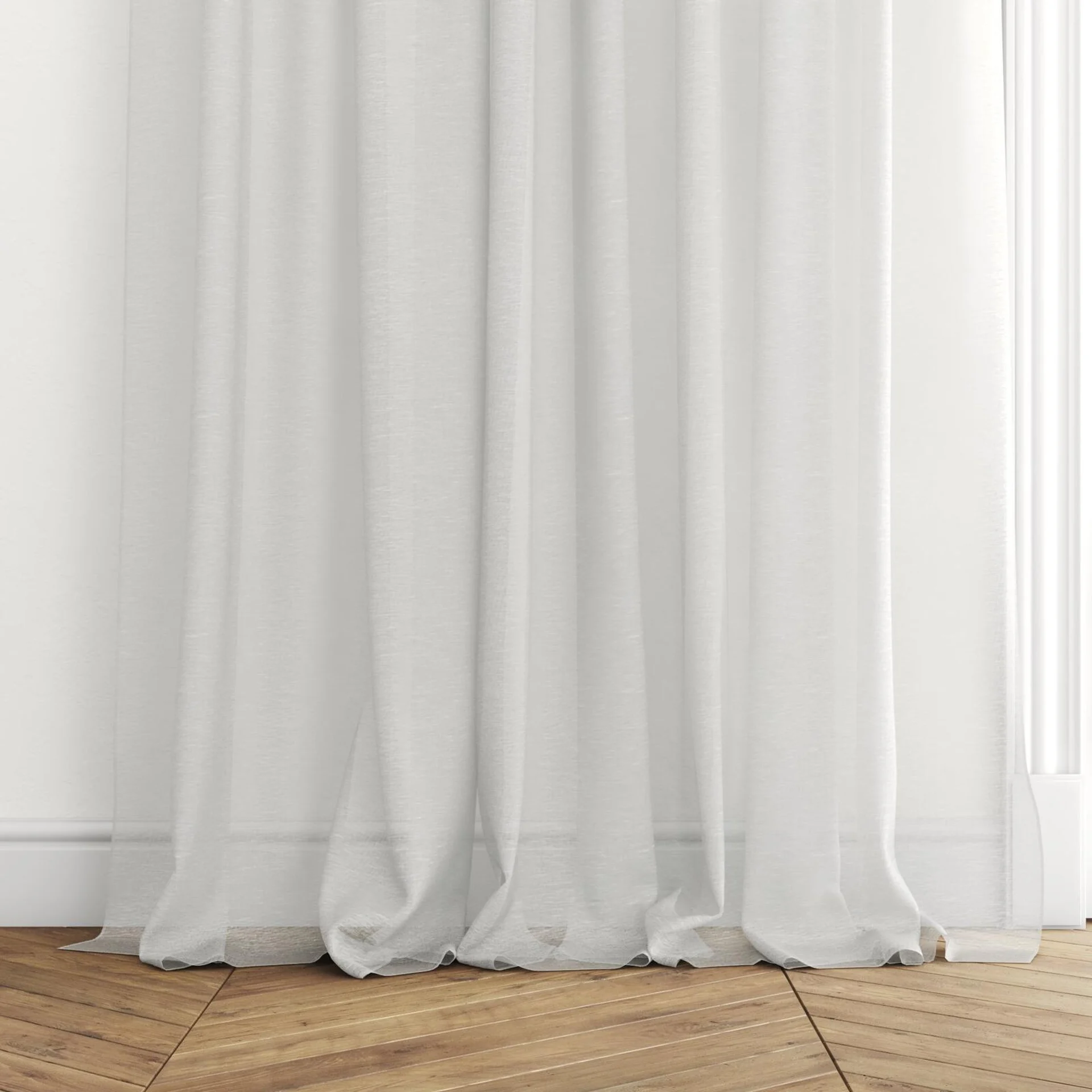 Bottom view of Locomotion Pearl, puddled with pinch pleat, on curtain rod