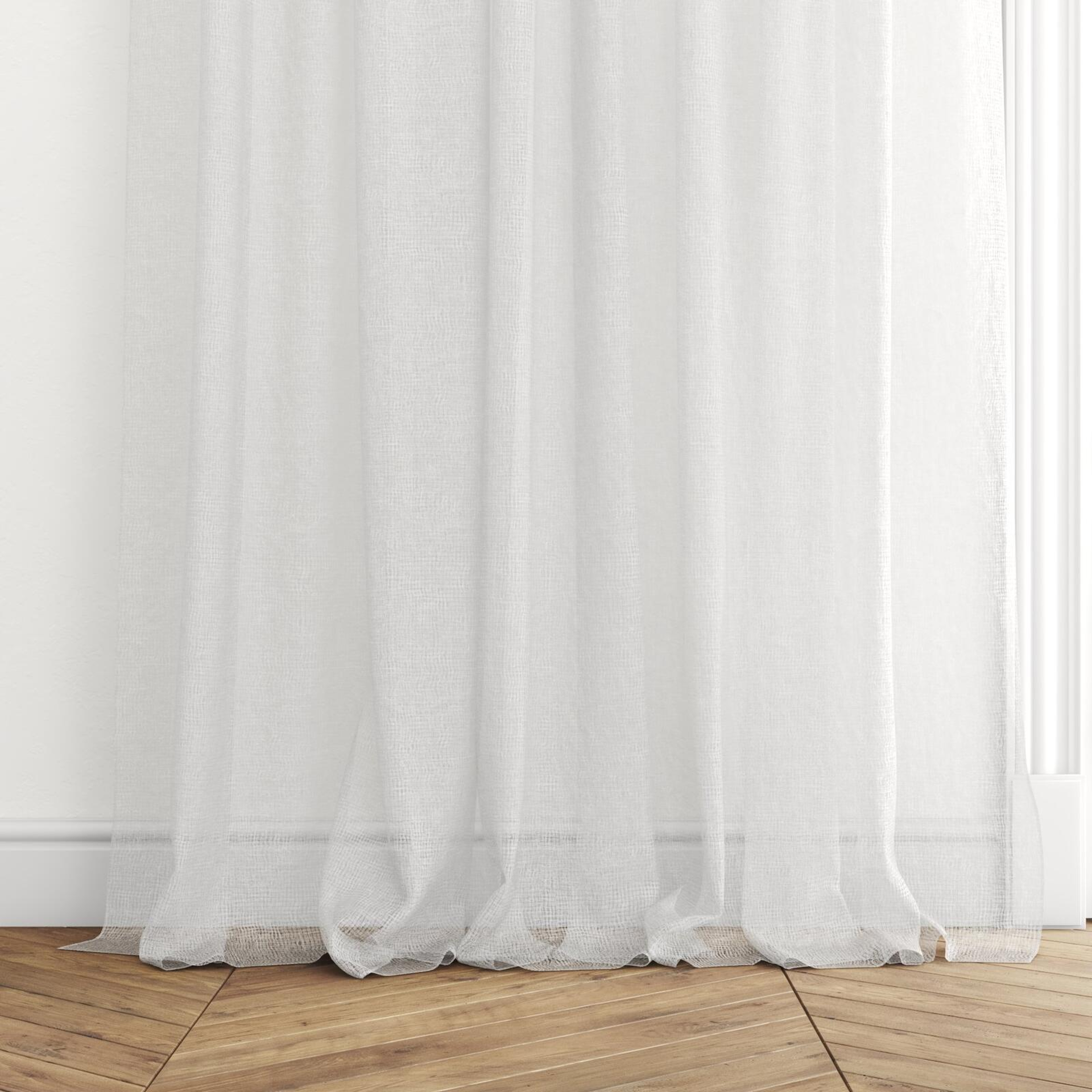 Bottom view of Kensho Pearl, puddled with pinch pleat, on curtain rod