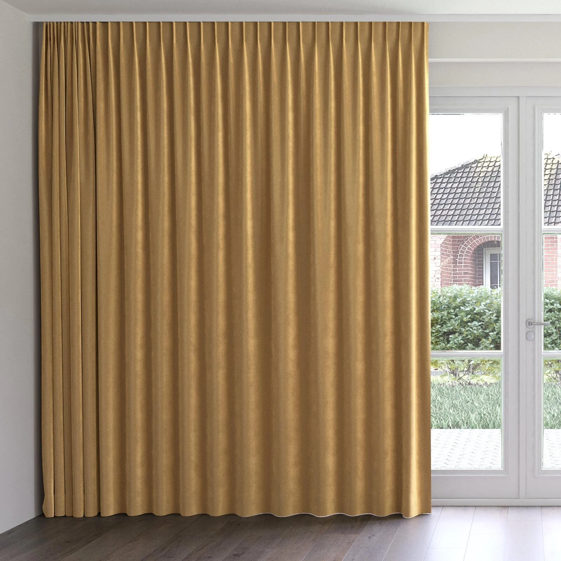 Front view of Velvelux Camel, on curtain rail