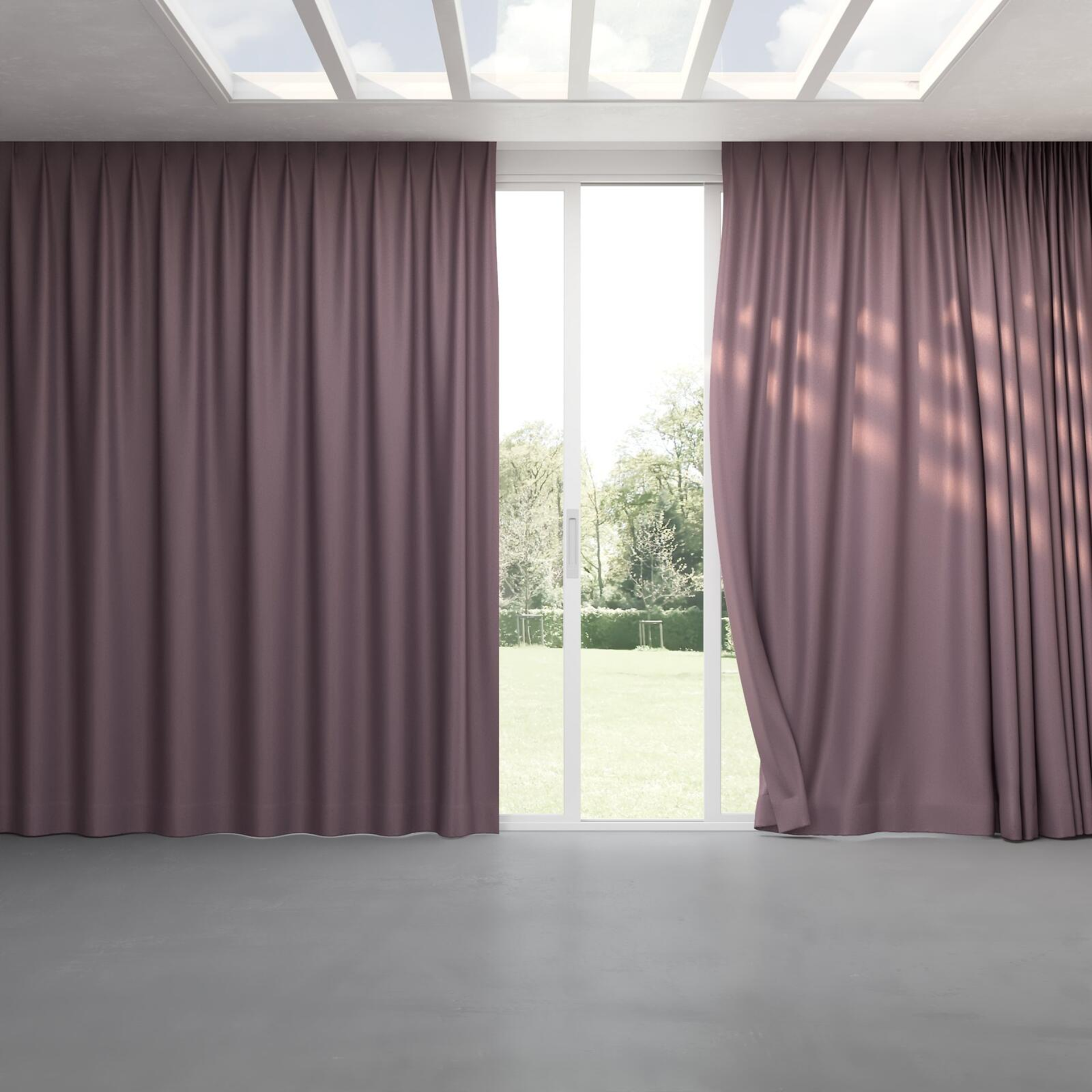 Full view of Taylor Plum, pinch pleat