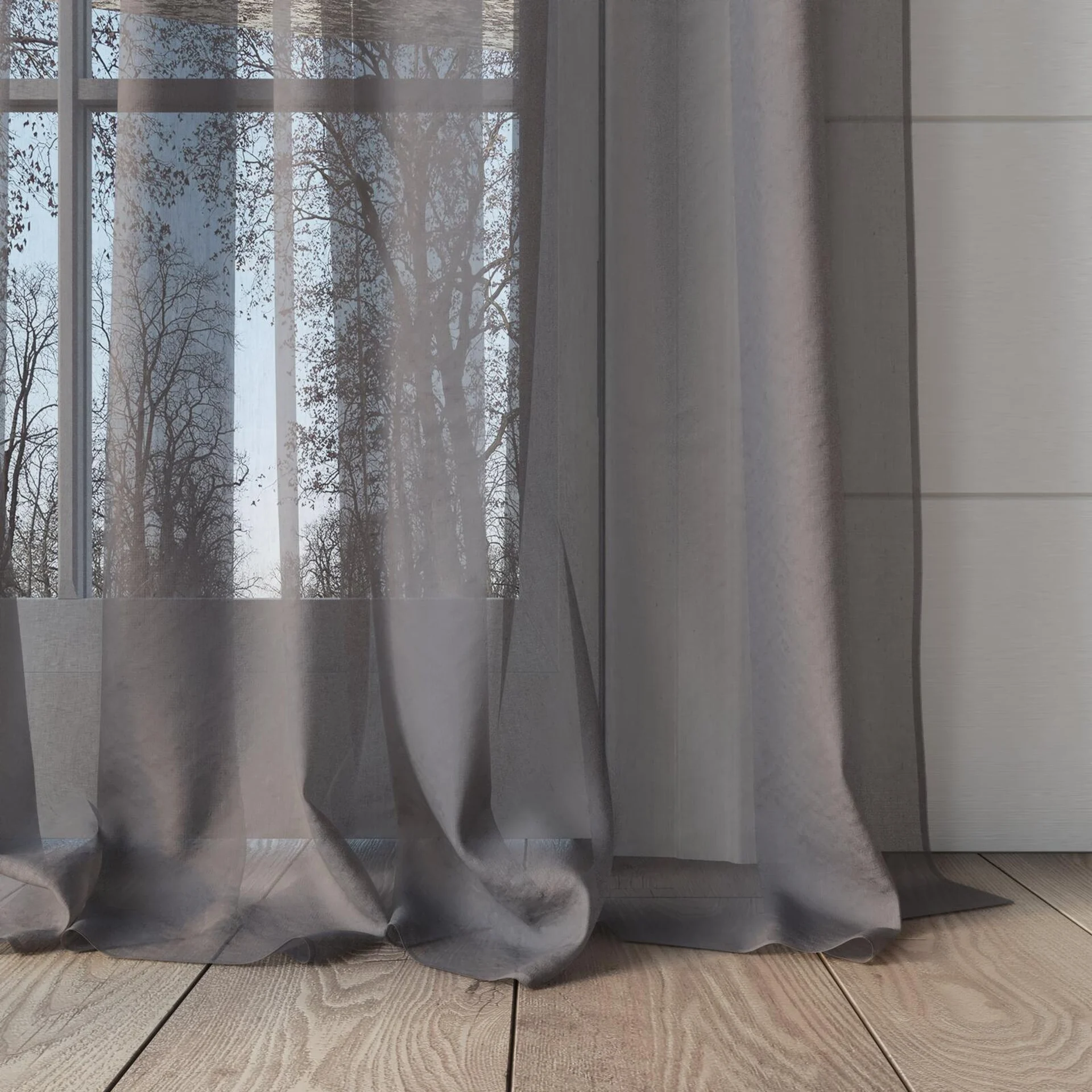 Bottom view of Selene Slate, puddled, on curtain rod