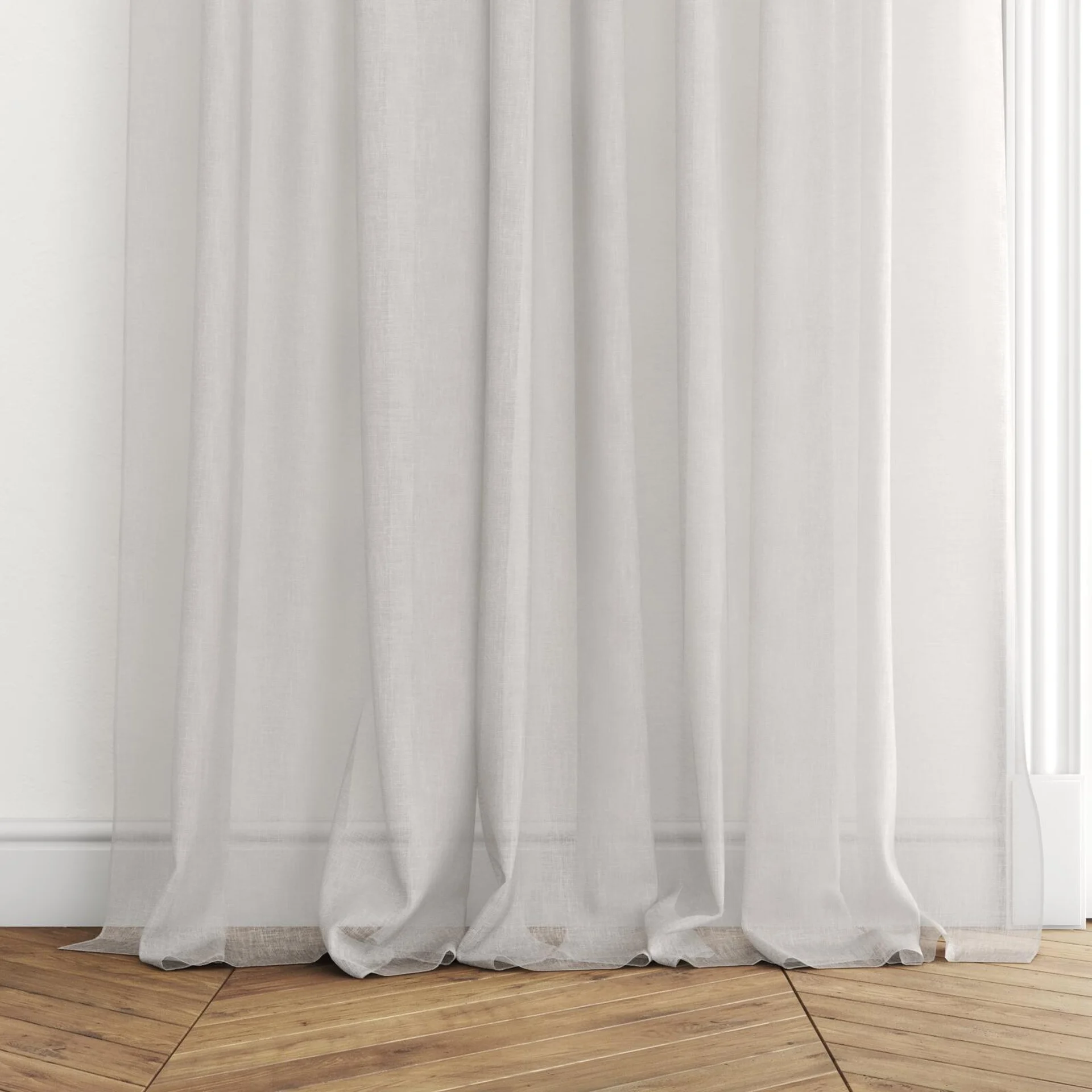 Bottom view of Natura Recycled Dolomite, puddled with pinch pleat, on curtain rod