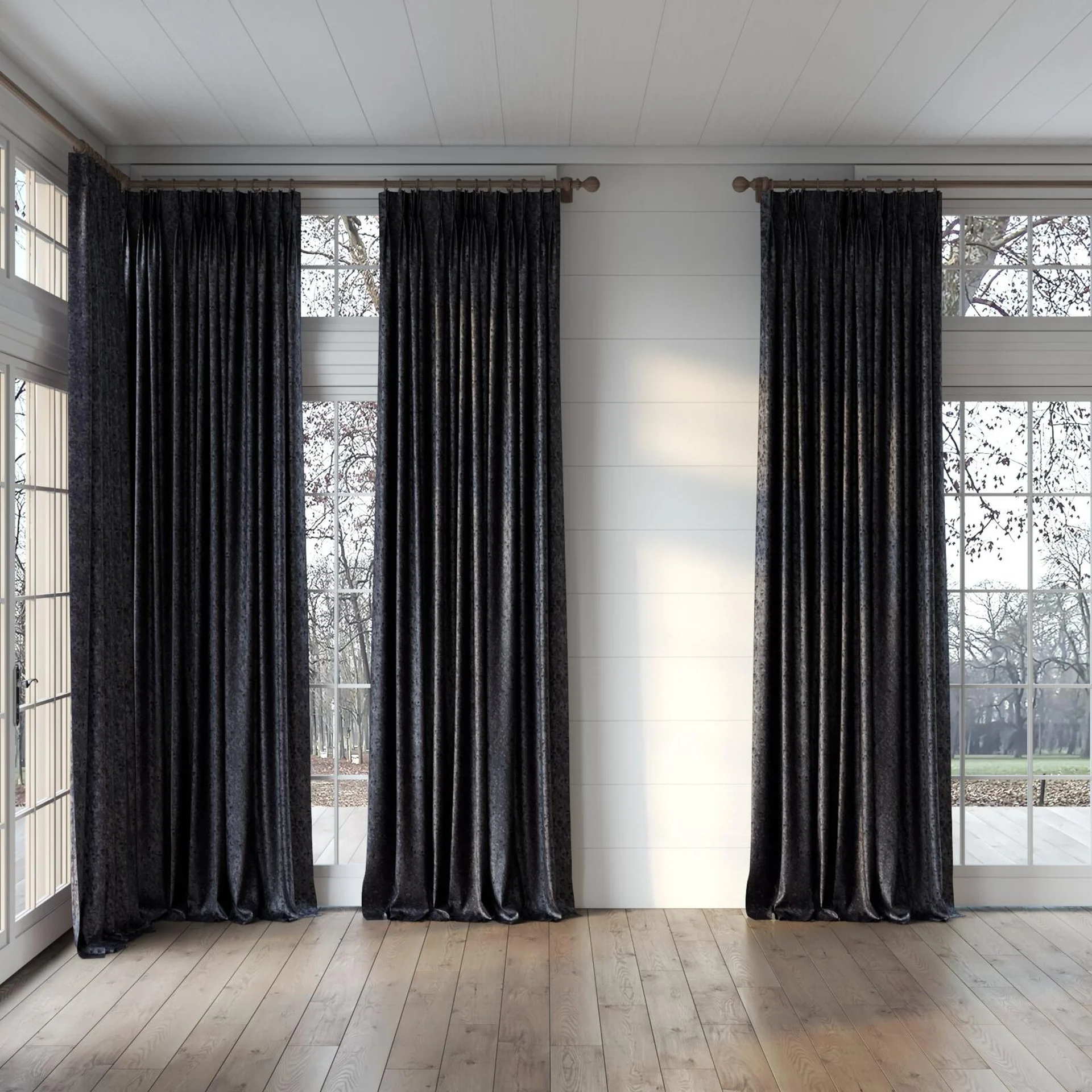 Full view of Opera Sterling, puddled, on curtain rod
