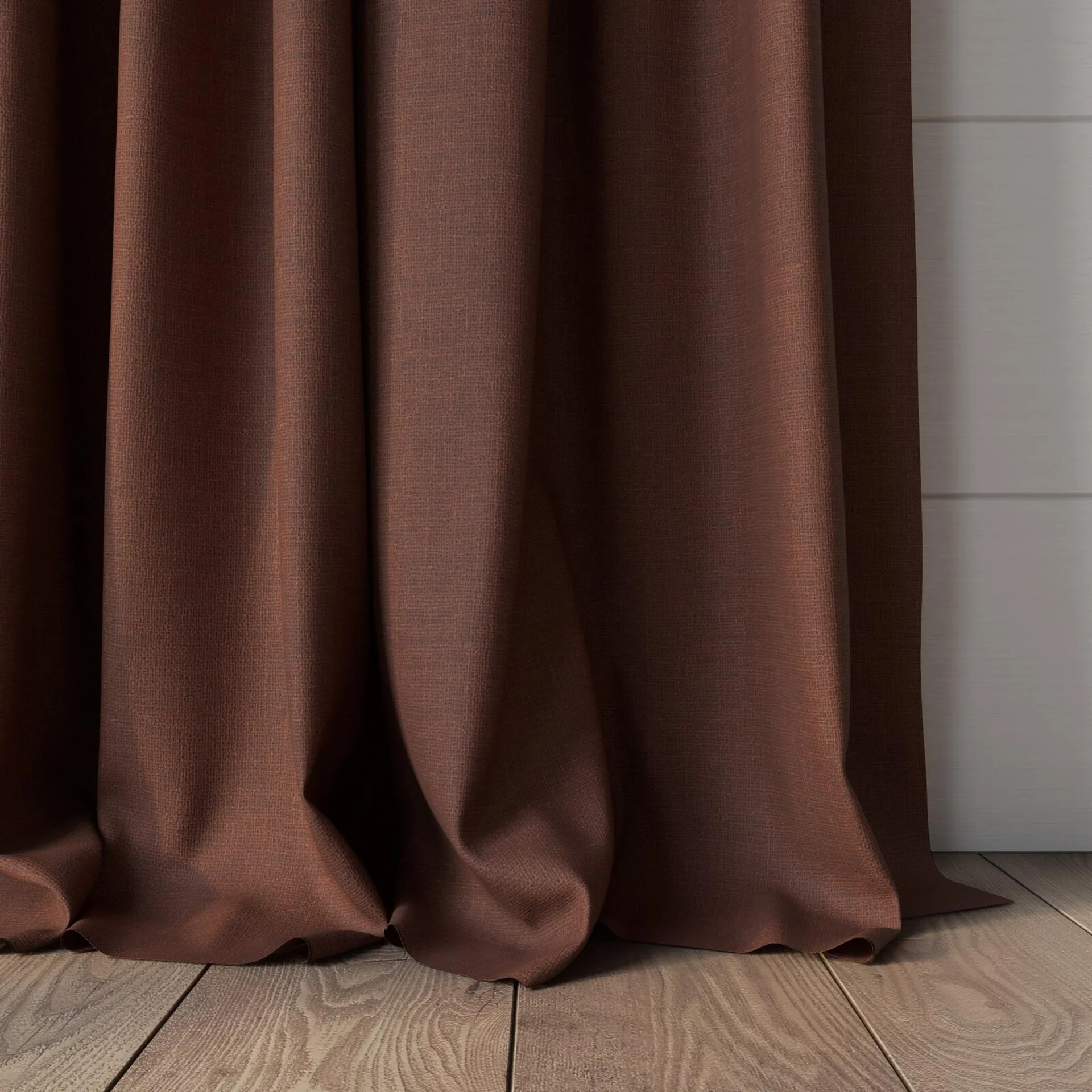 Bottom view of Element Terracotta, puddled, on curtain rod