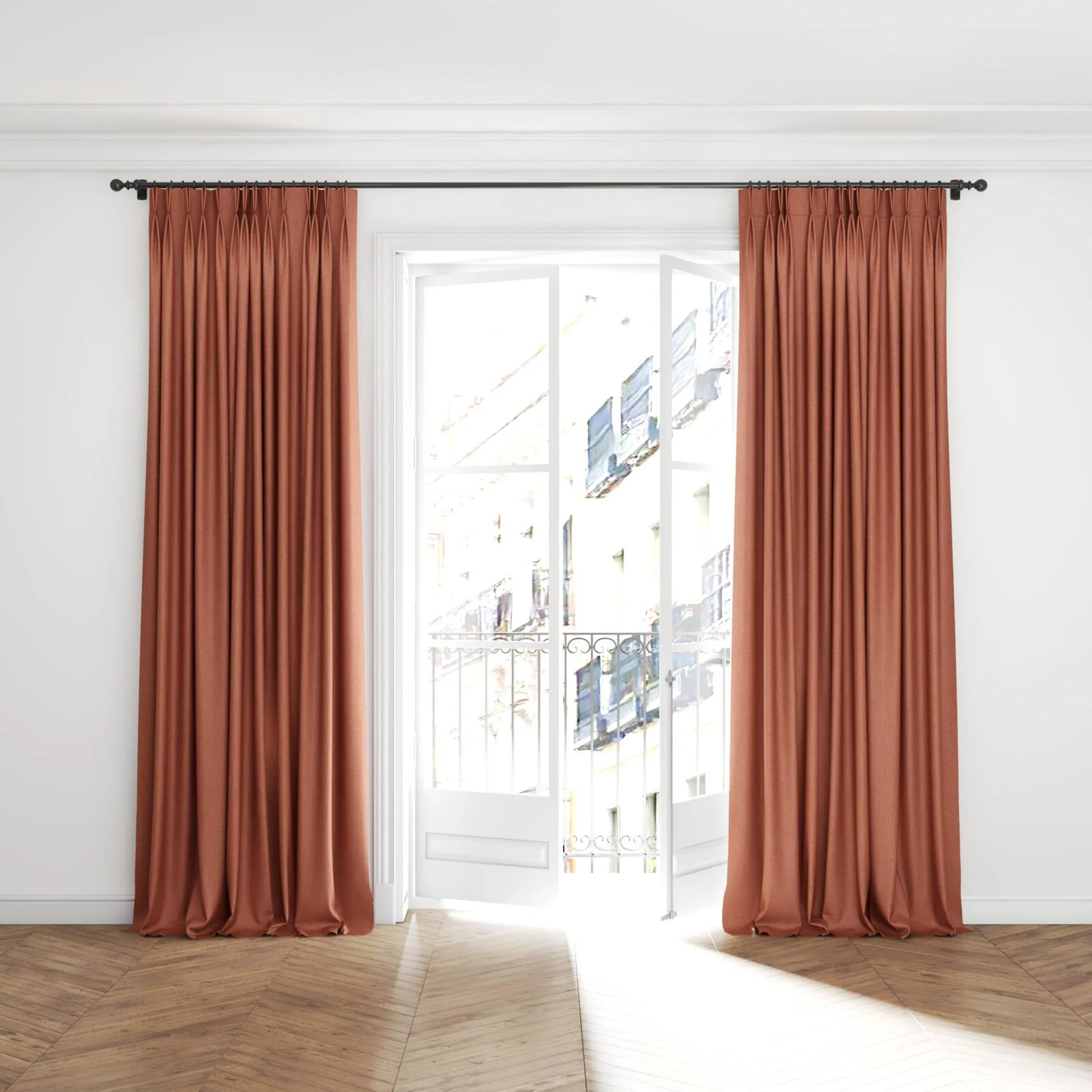 Full view of Gent Flame, puddled with pinch pleat, on curtain rod