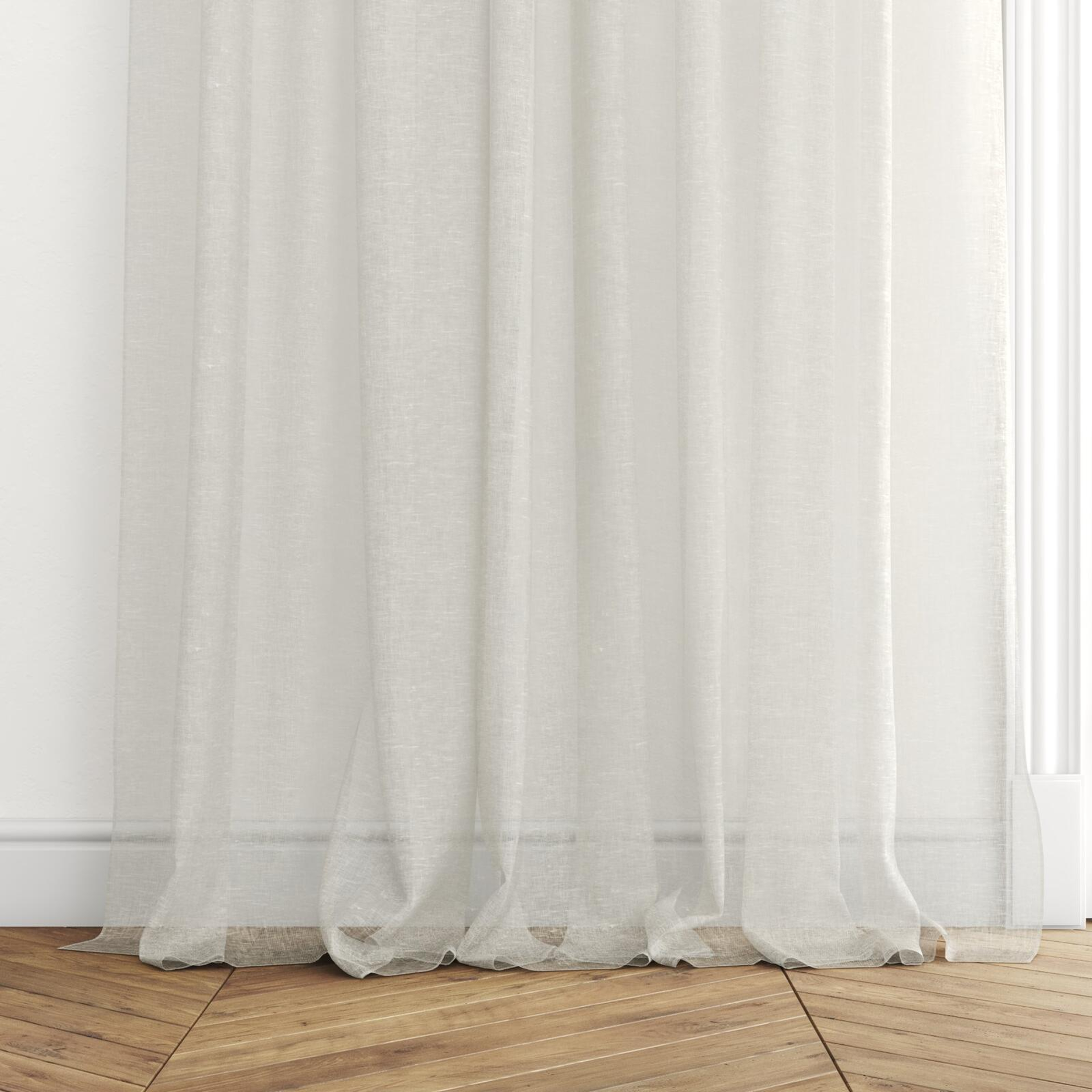 Bottom view of Pure Linen Sand, puddled with pinch pleat, on curtain rod