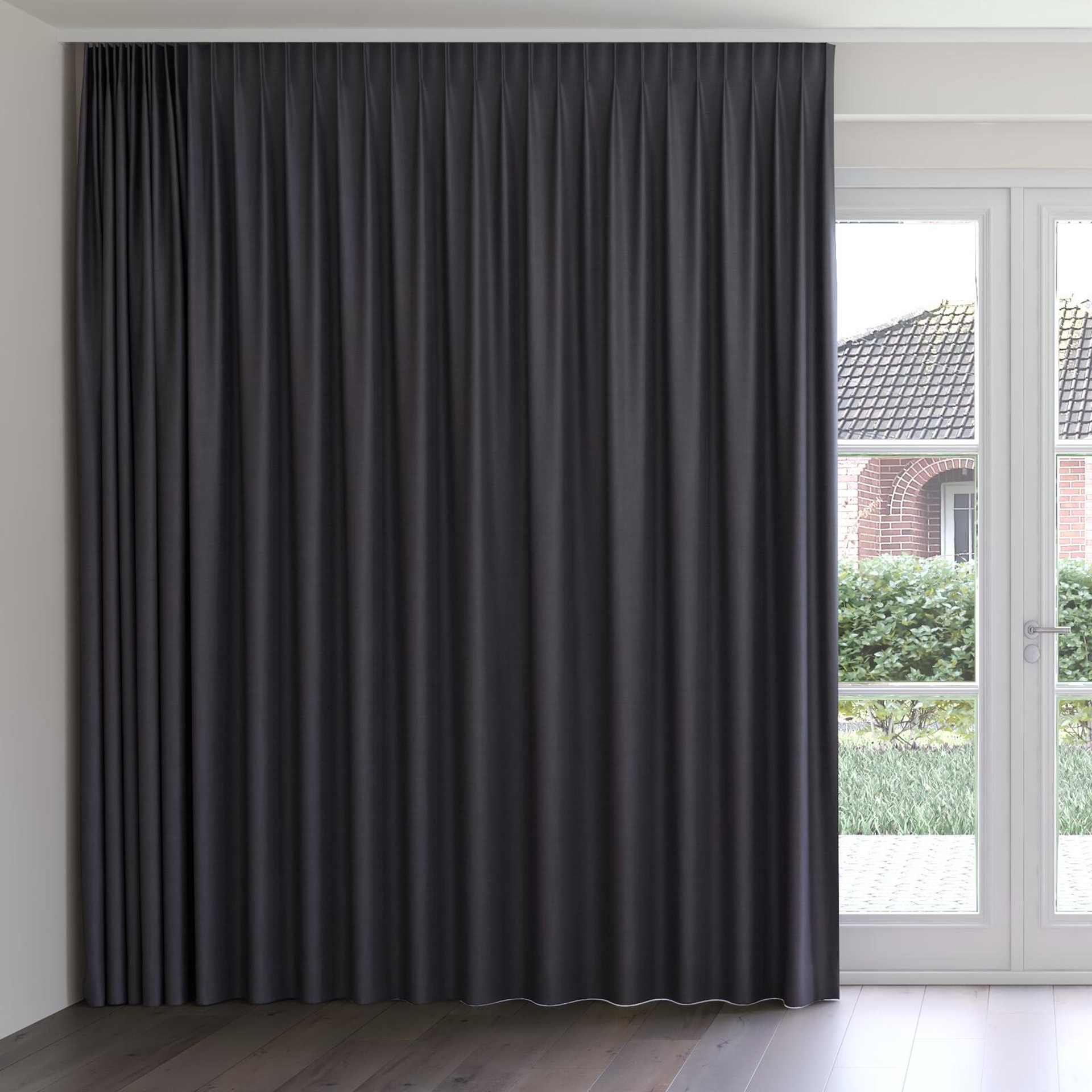 Front view of Keystone Ebony, on curtain rail
