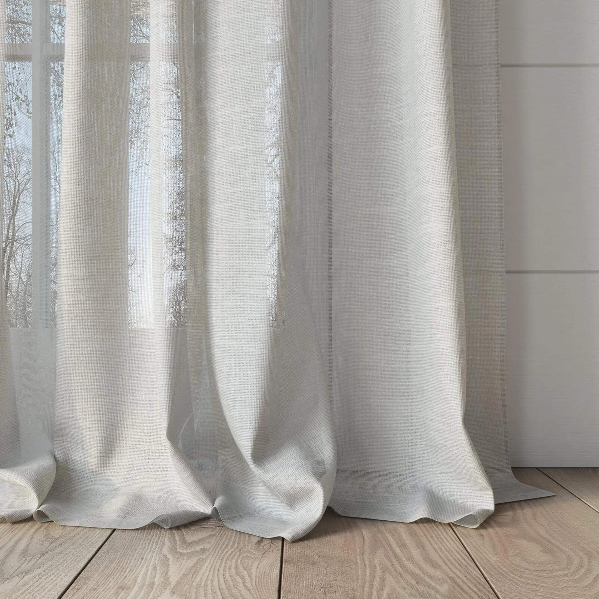 Bottom view of Angelic Linen, puddled, on curtain rod