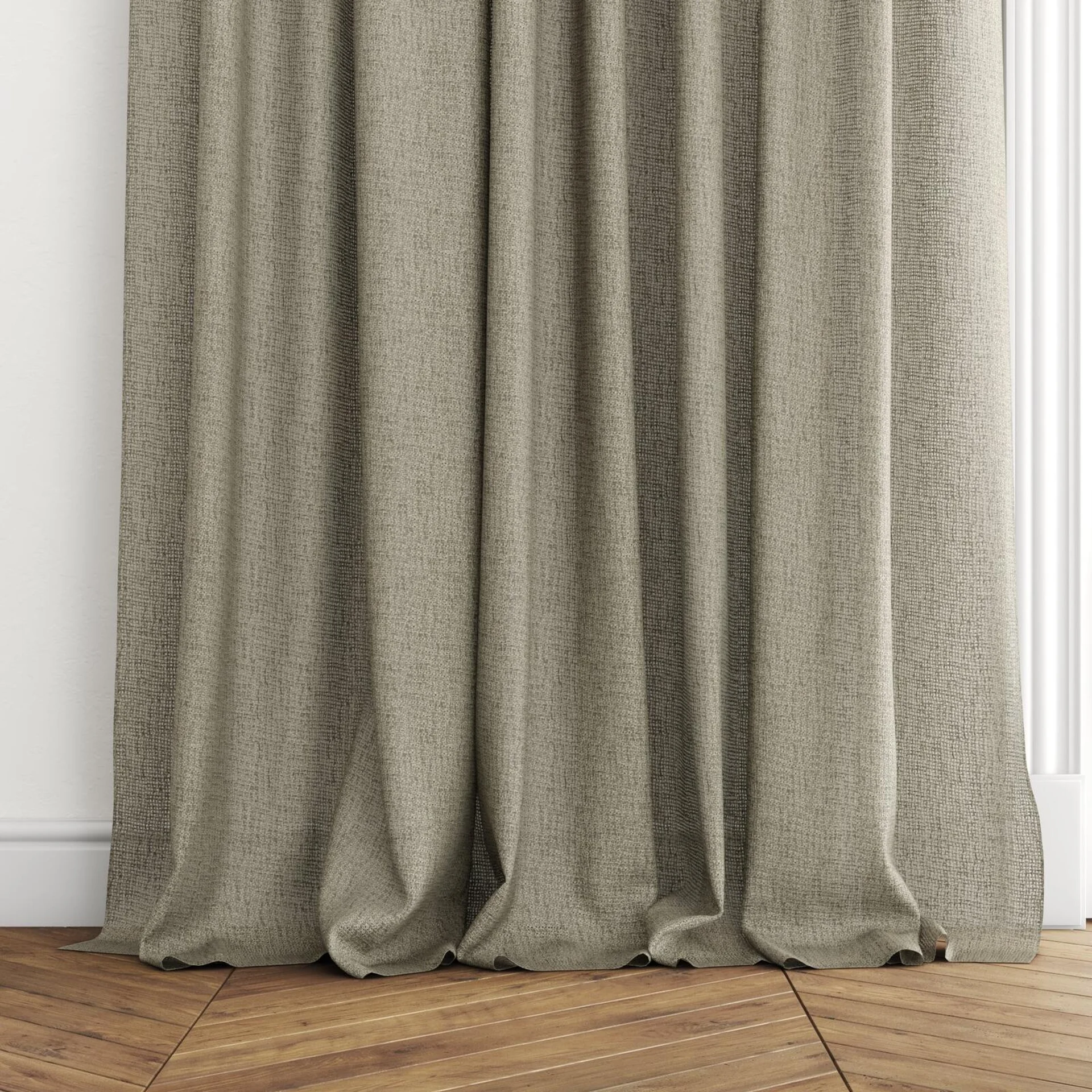 Bottom view of O'Keeffe Moss, puddled with pinch pleat, on curtain rod