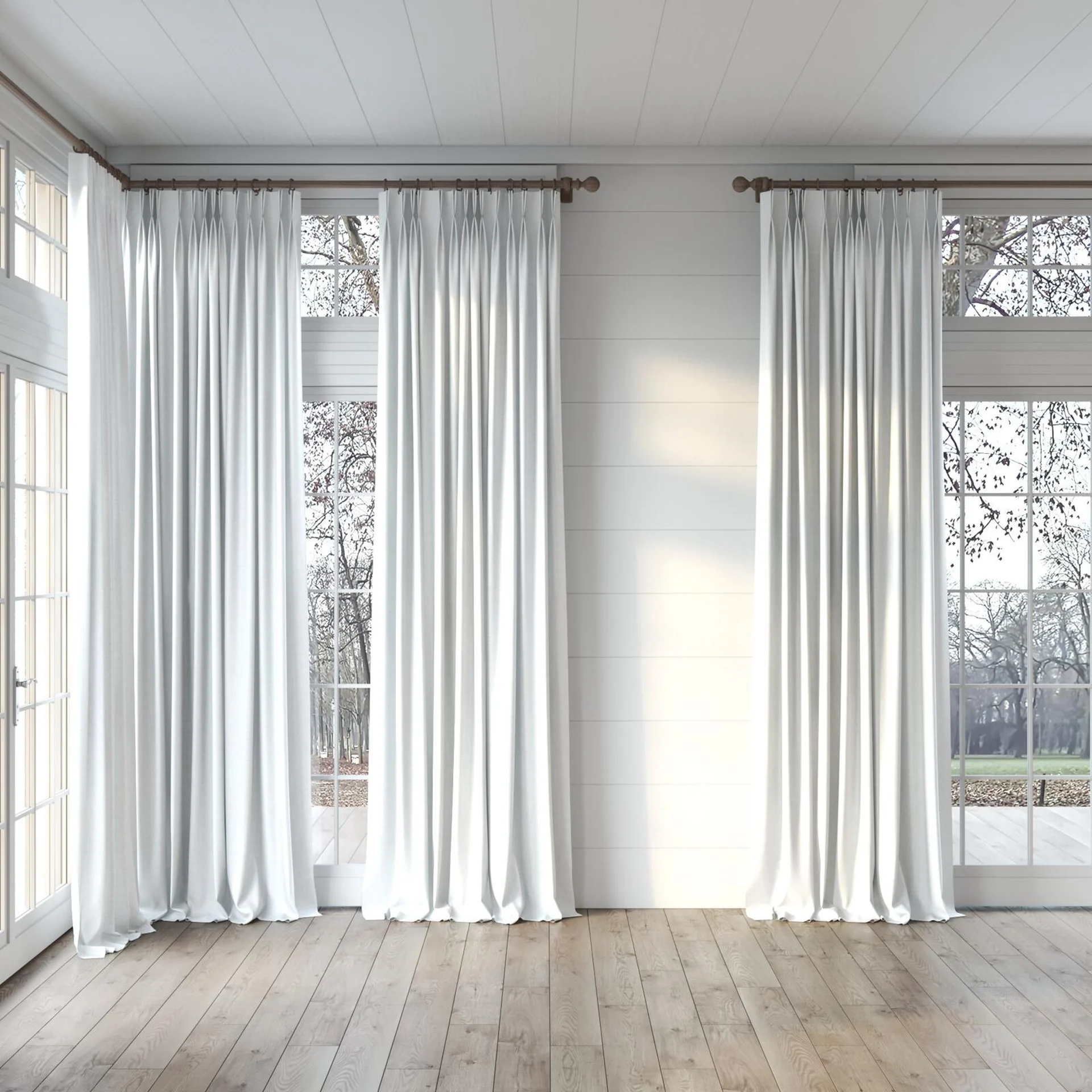 Full view of Frisco Alabaster, puddled, on curtain rod