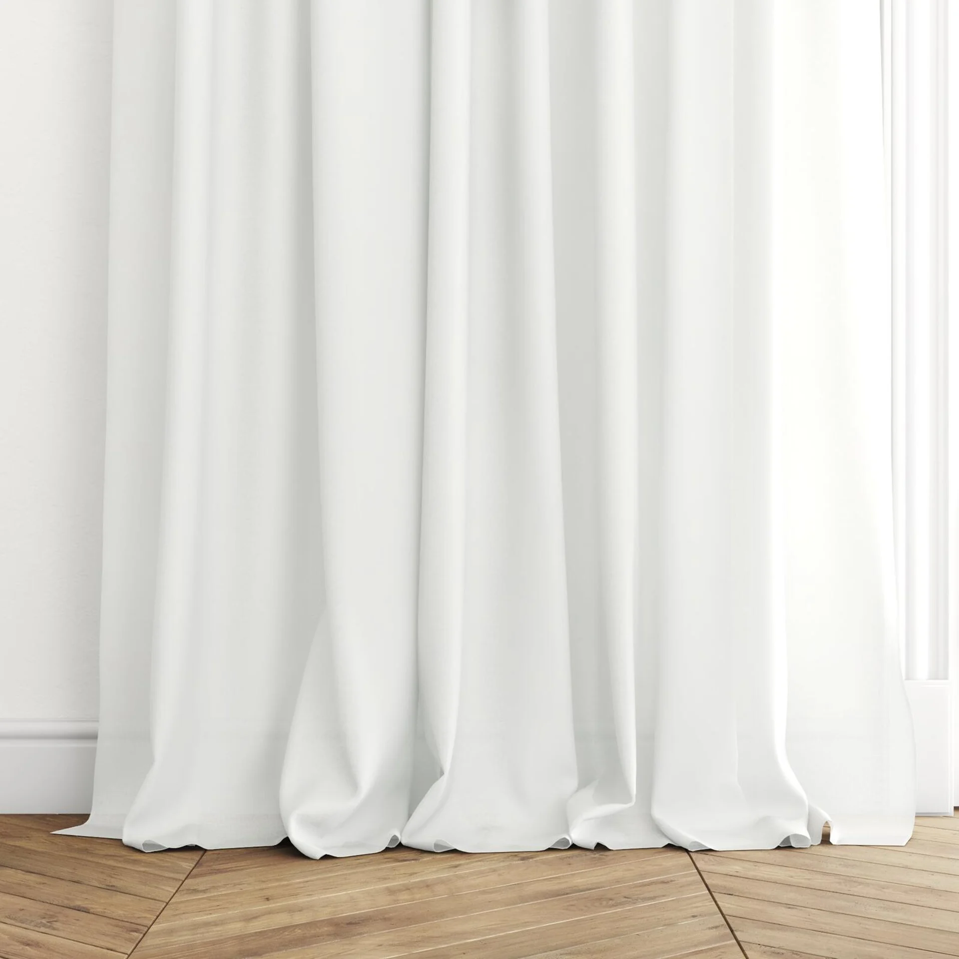 Bottom view of Sunlight Cream, puddled with pinch pleat, on curtain rod