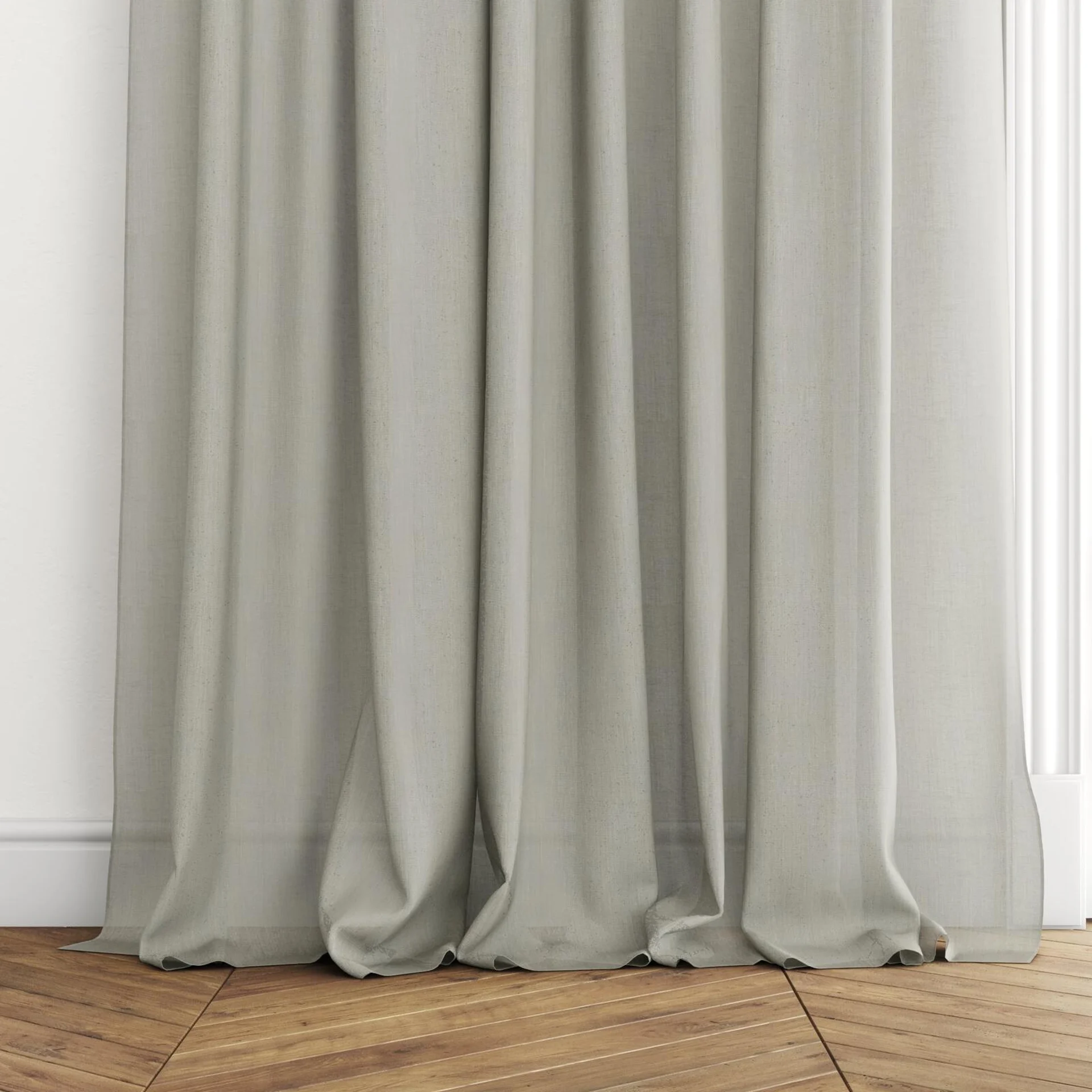 Bottom view of Antipodes Seafoam, puddled with pinch pleat, on curtain rod