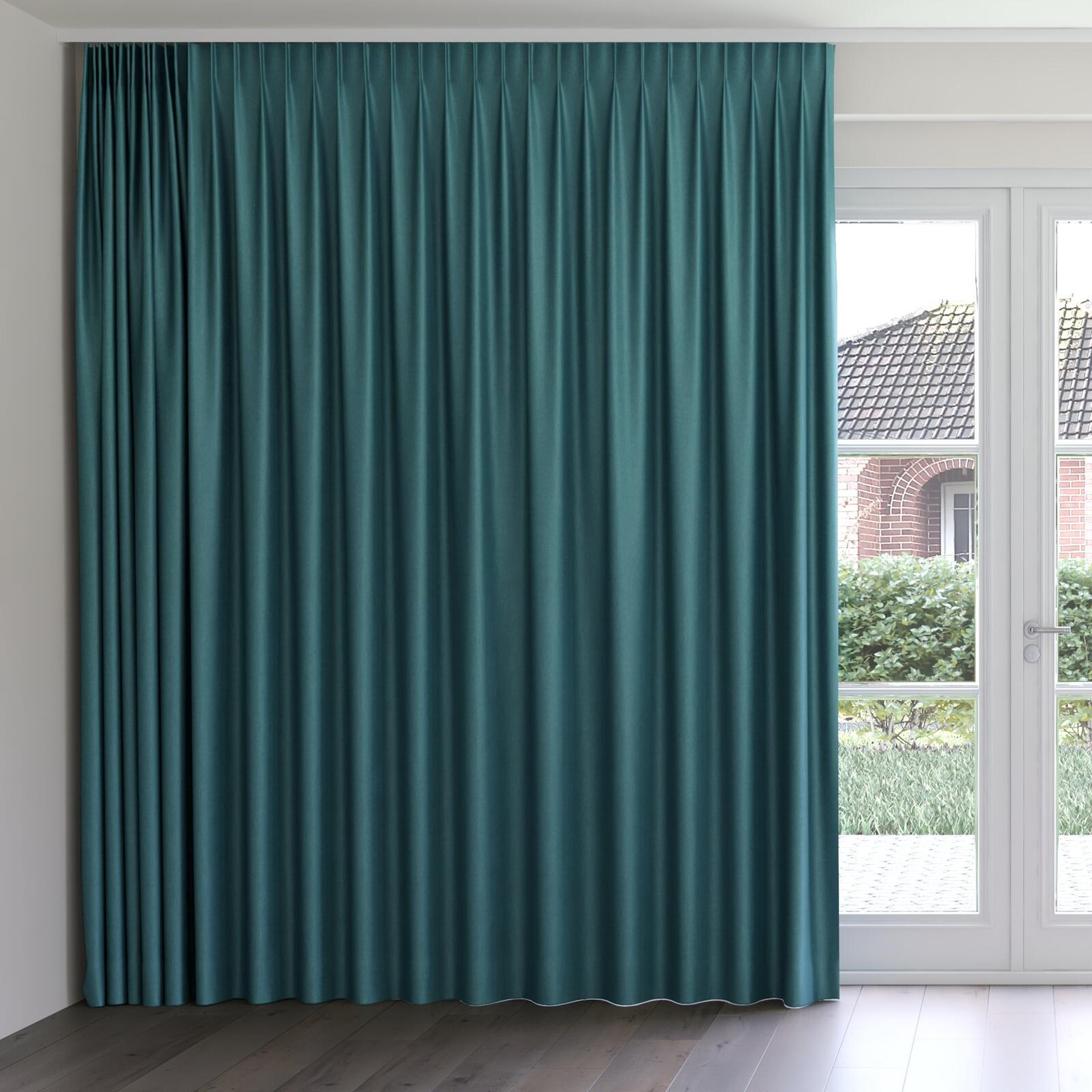 Front view of Fiji Teal, on curtain rail