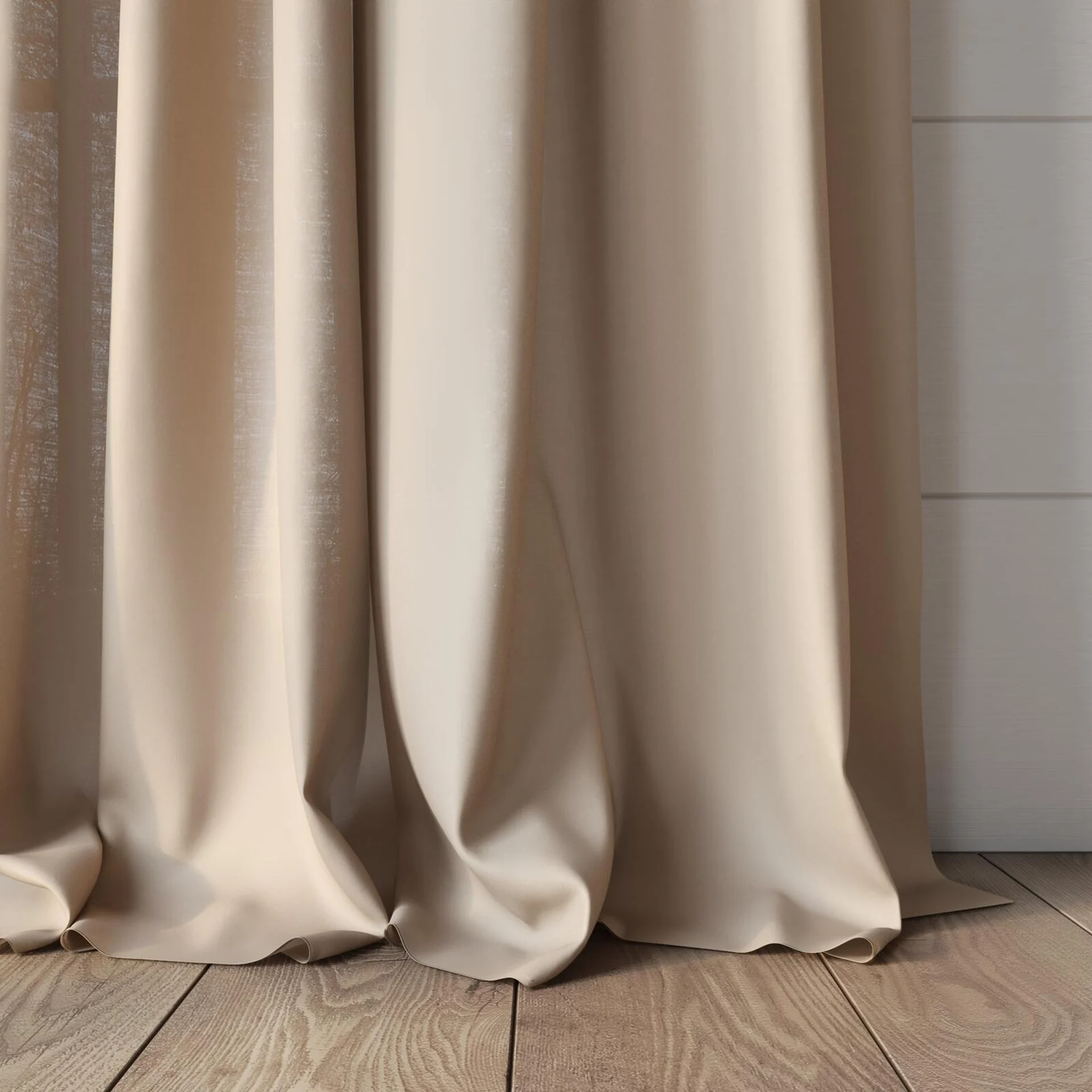 Bottom view of Kite Taupe, puddled, on curtain rod