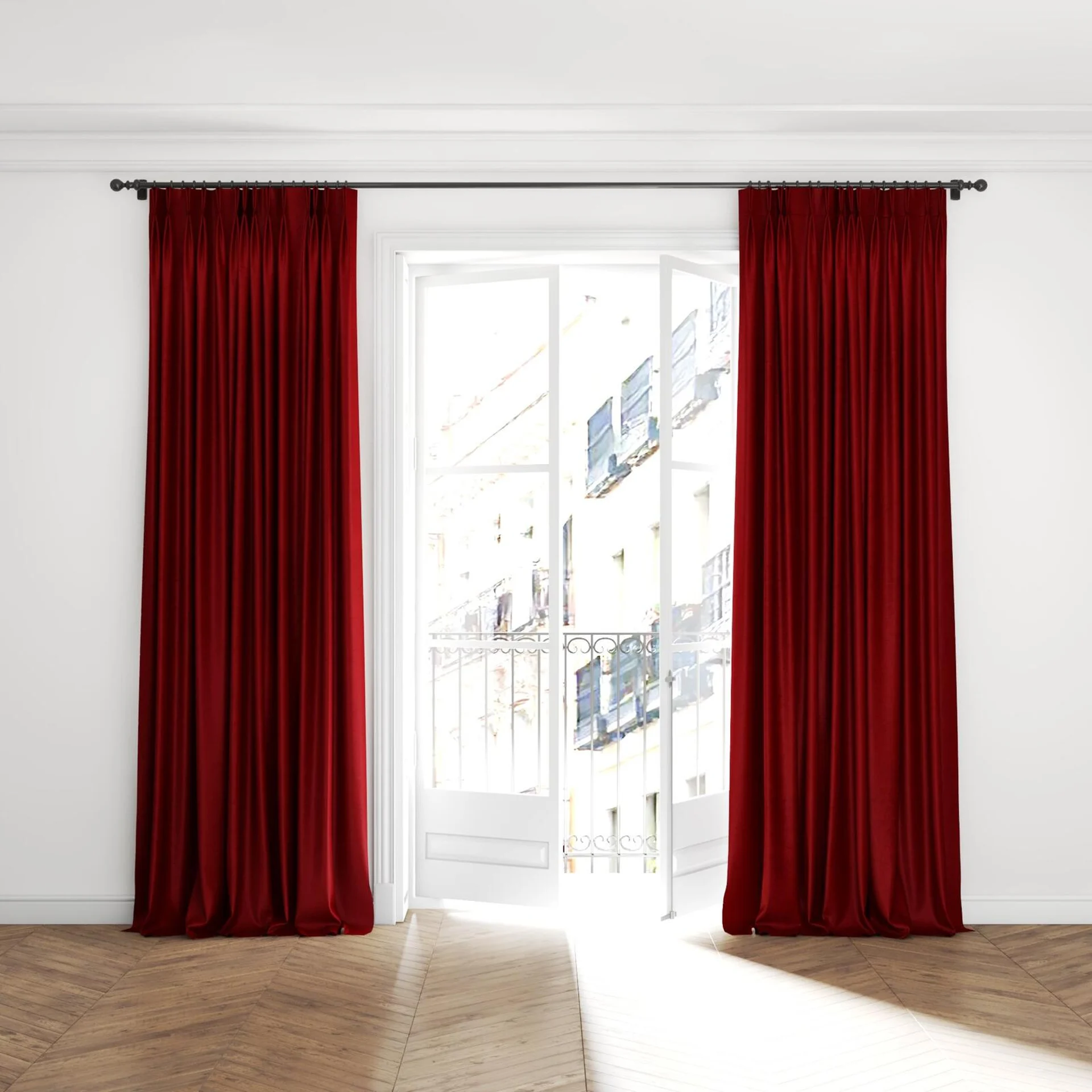 Full view of Lambada Pomegranate, puddled with pinch pleat, on curtain rod