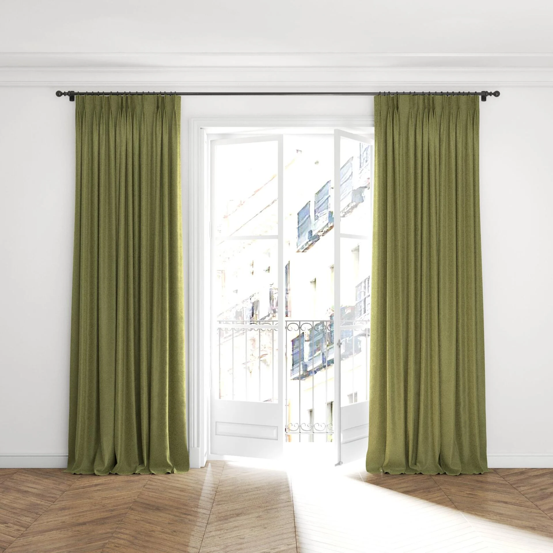 Full view of Brigadier Dill, puddled with pinch pleat, on curtain rod