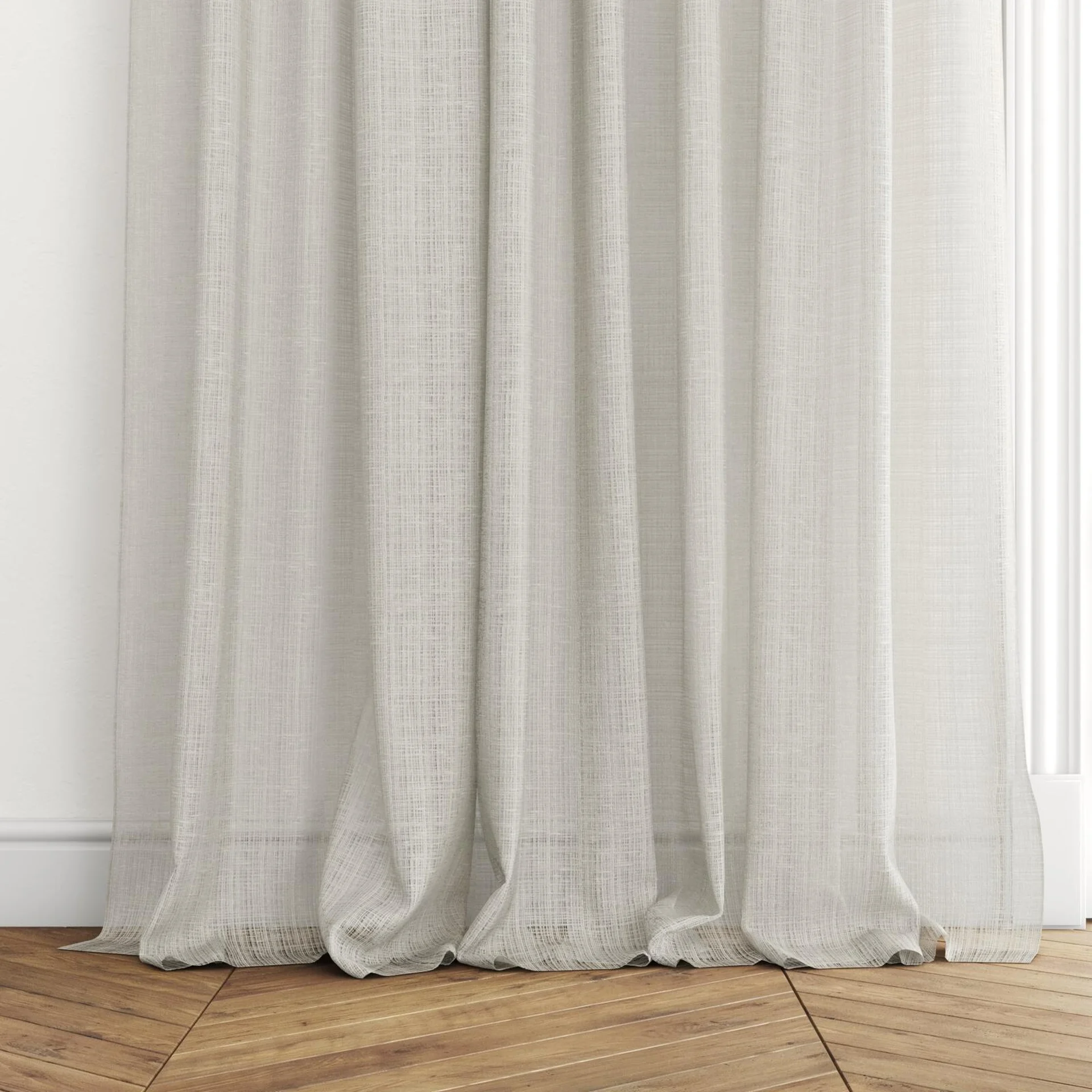Bottom view of Scandinese Linen, puddled with pinch pleat, on curtain rod