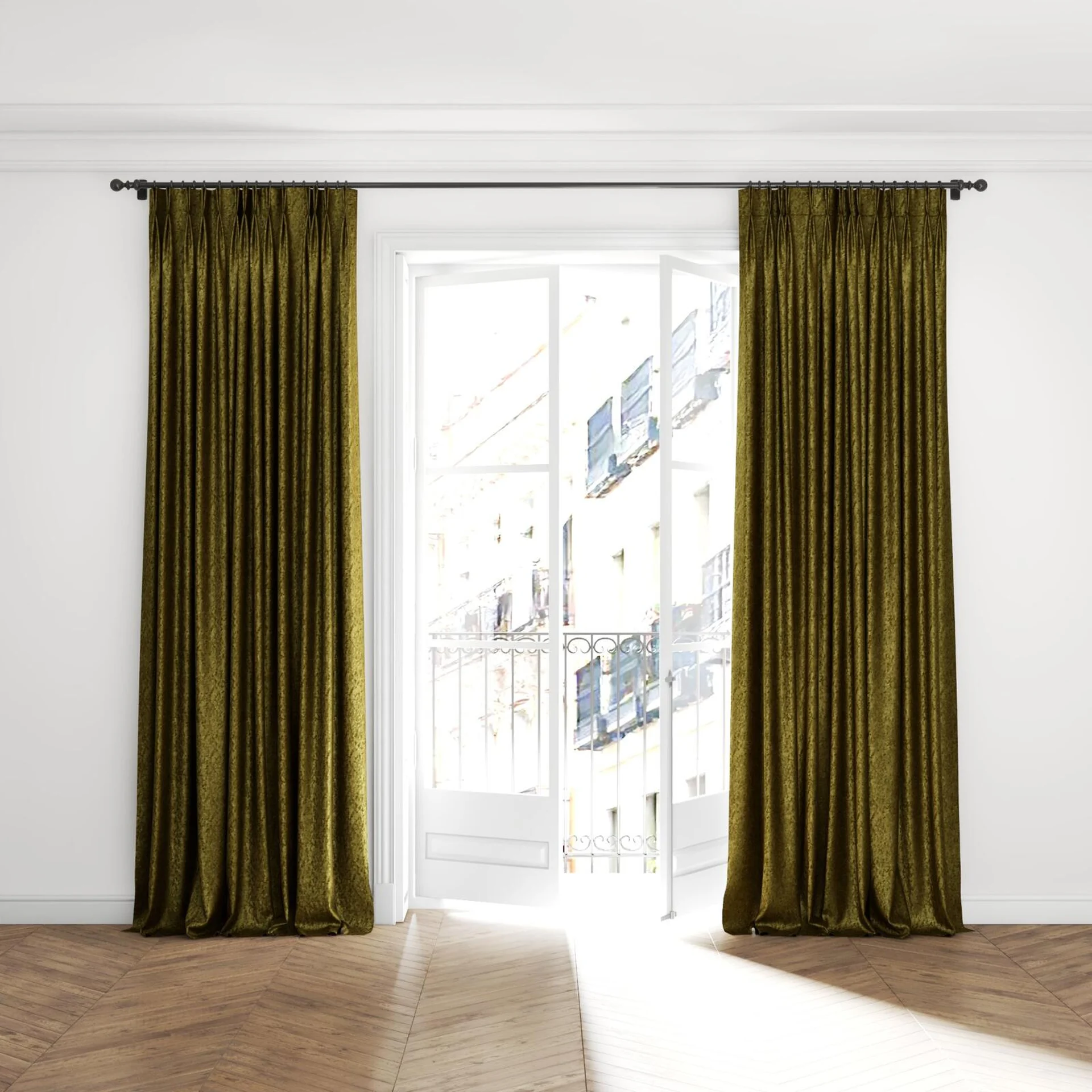 Full view of Opera Leaf, puddled with pinch pleat, on curtain rod
