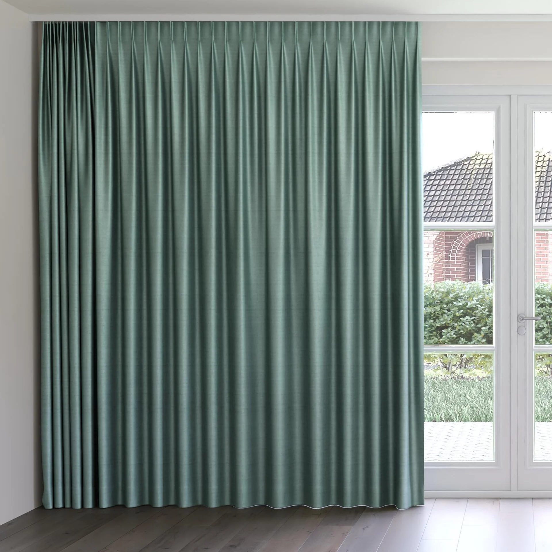 Front view of Zircon Teal, on curtain rail