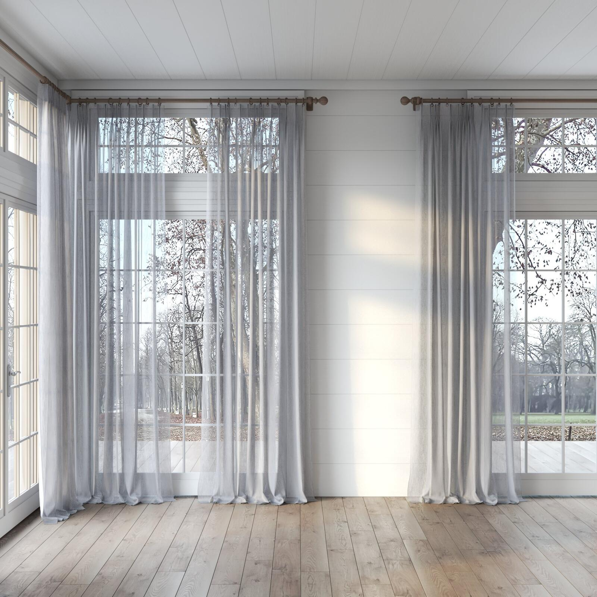 Full view of Stratus Slate, puddled, on curtain rod