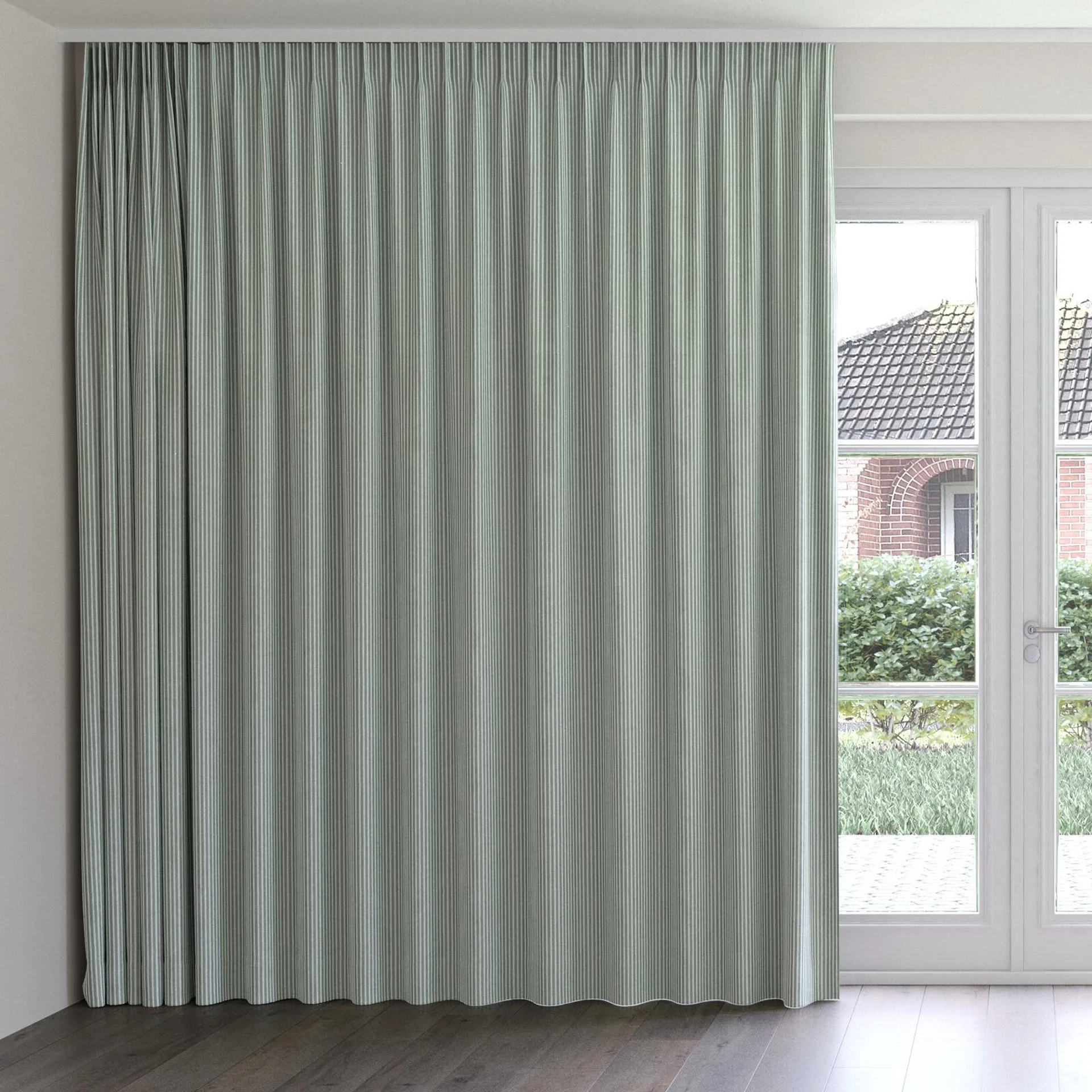Front view of Embrace Mint, on curtain rail