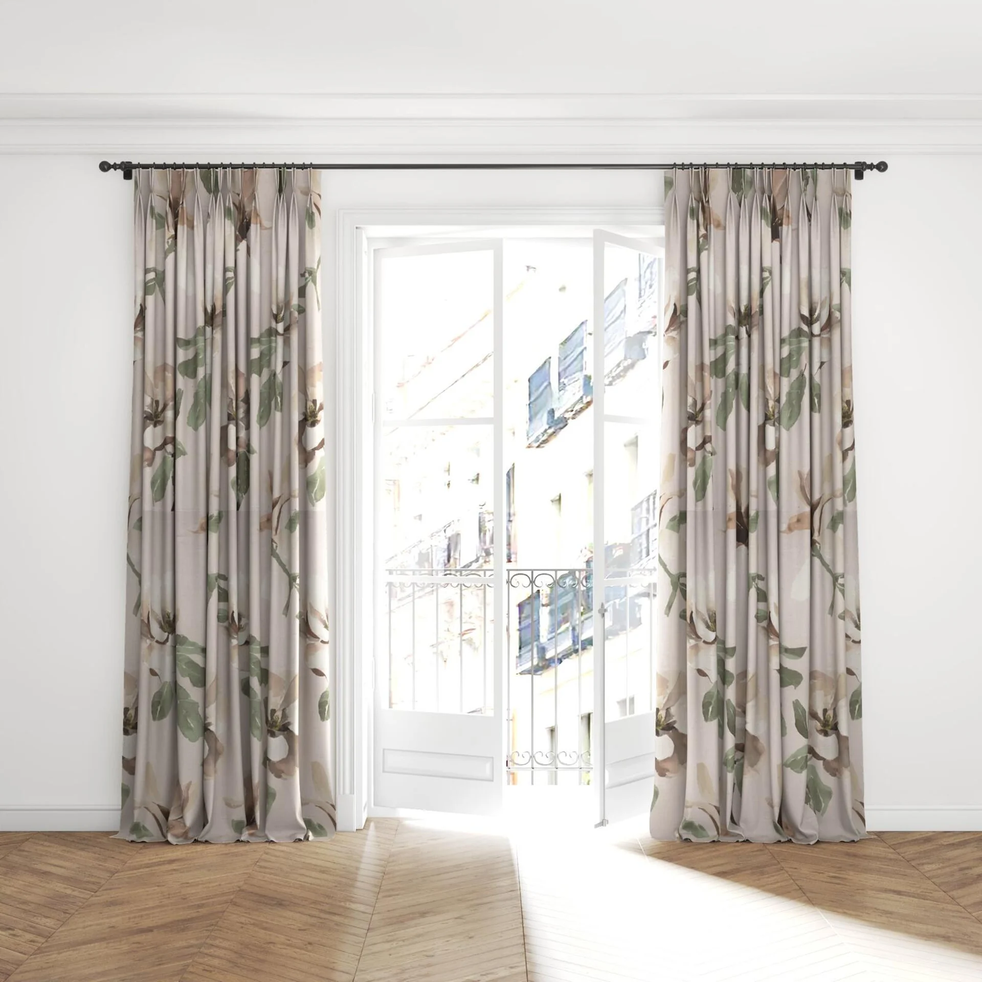 Full view of Magnolia Grandiflora Musk, puddled with pinch pleat, on curtain rod