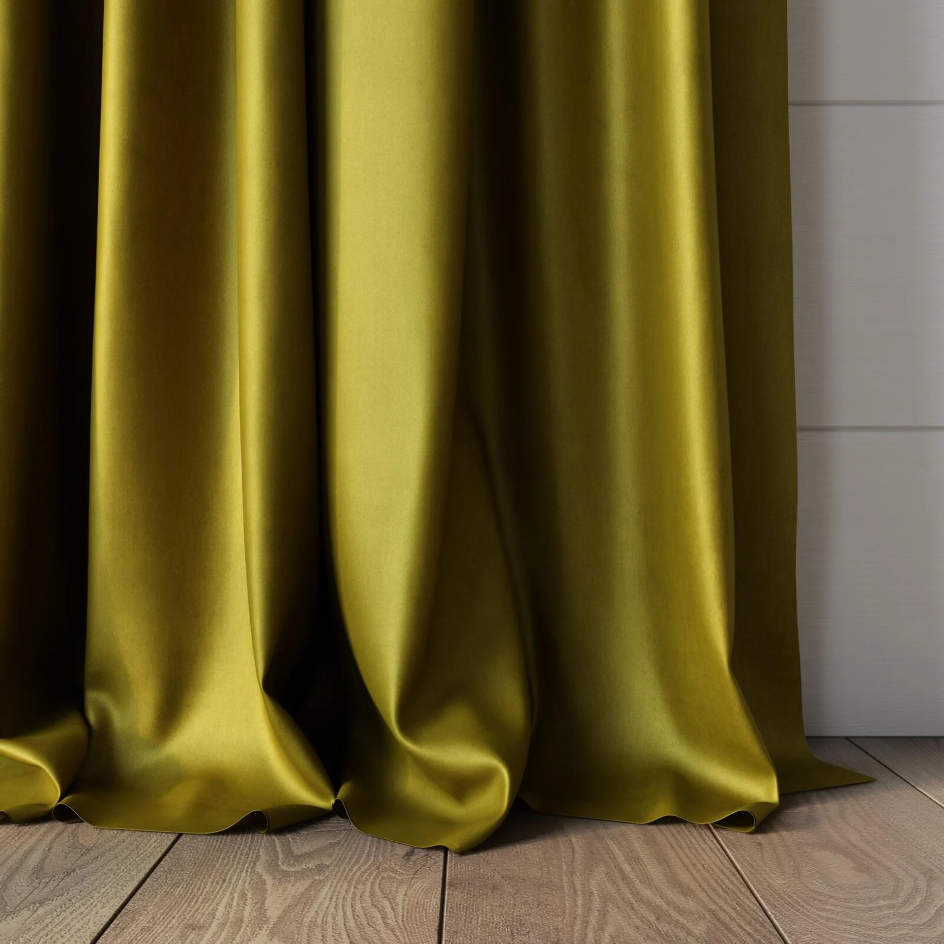 Bottom view of Warlock Chartreuse, puddled, on curtain rod
