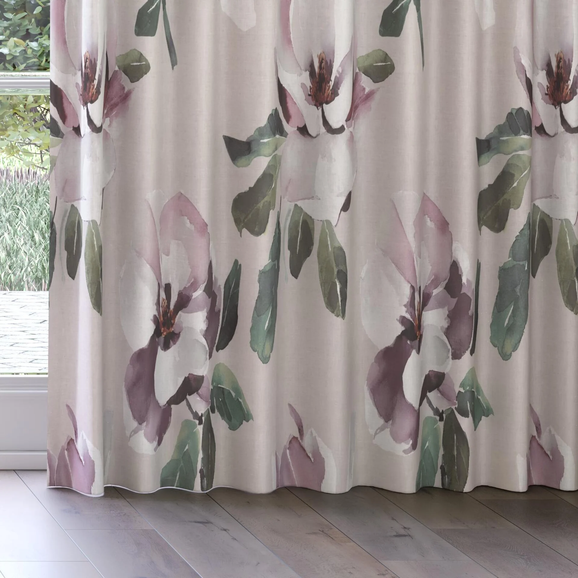 Bottom view of Magnolia Grandiflora Amethyst, on curtain rail