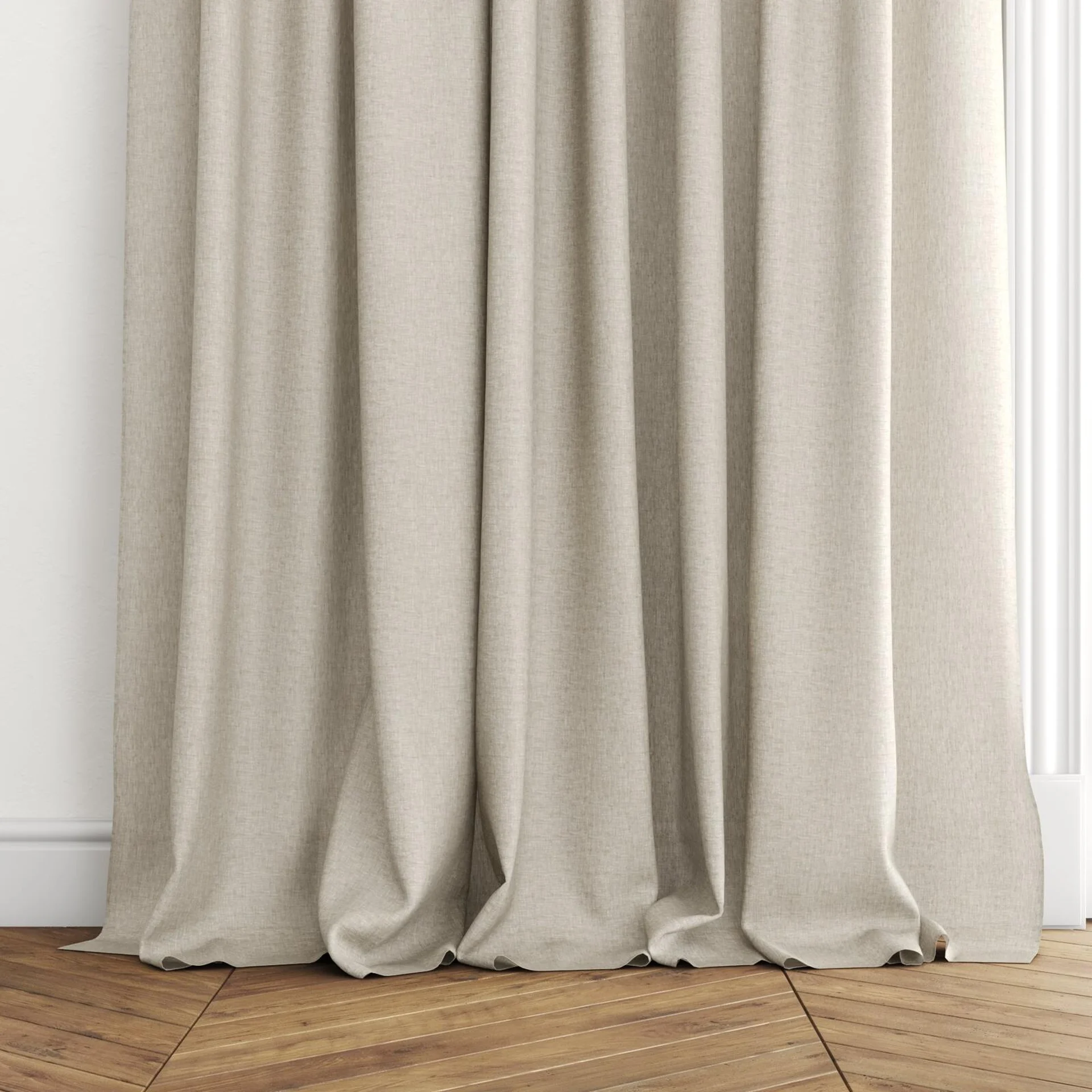Bottom view of Elegance Dune, puddled with pinch pleat, on curtain rod