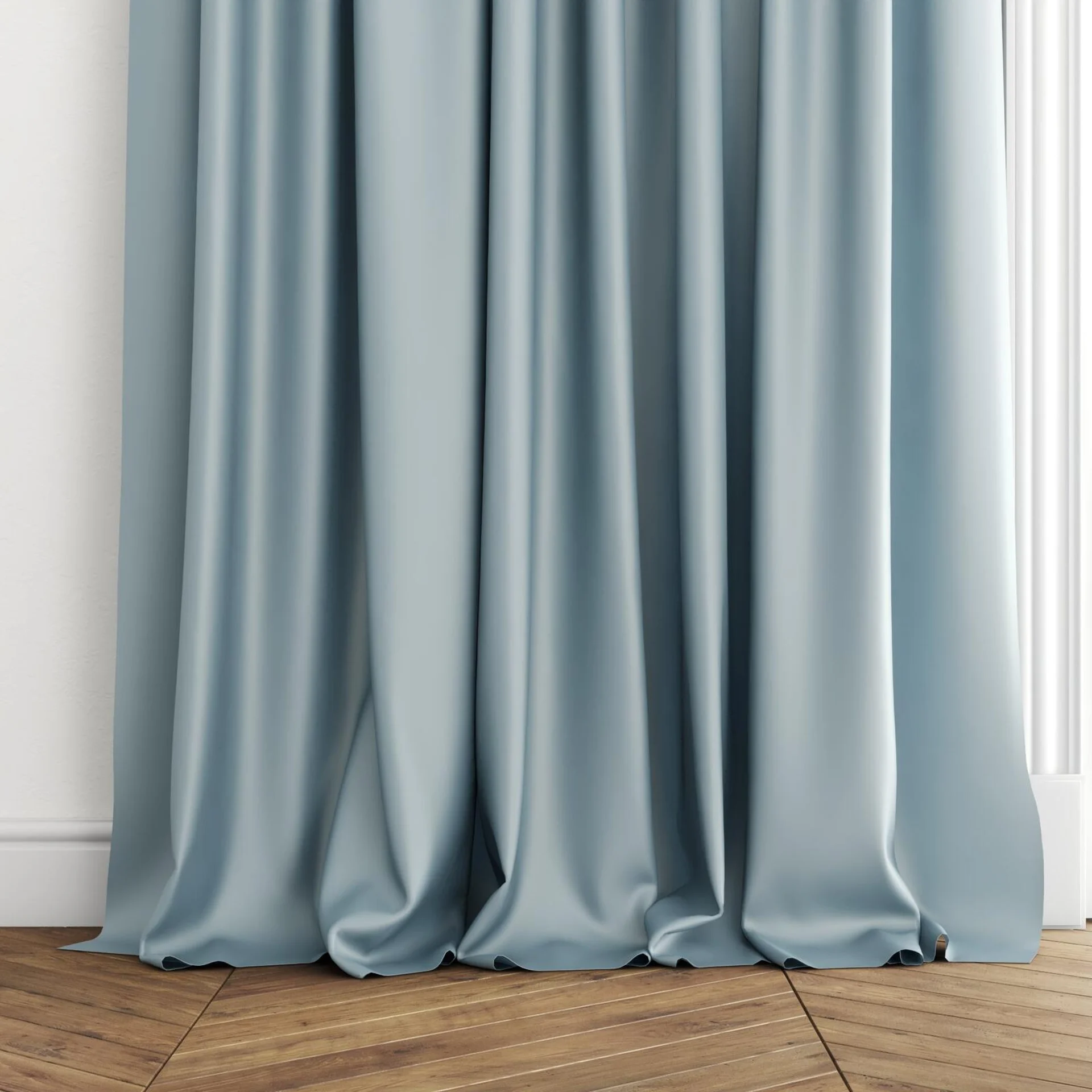 Bottom view of Optima Teal, puddled with pinch pleat, on curtain rod