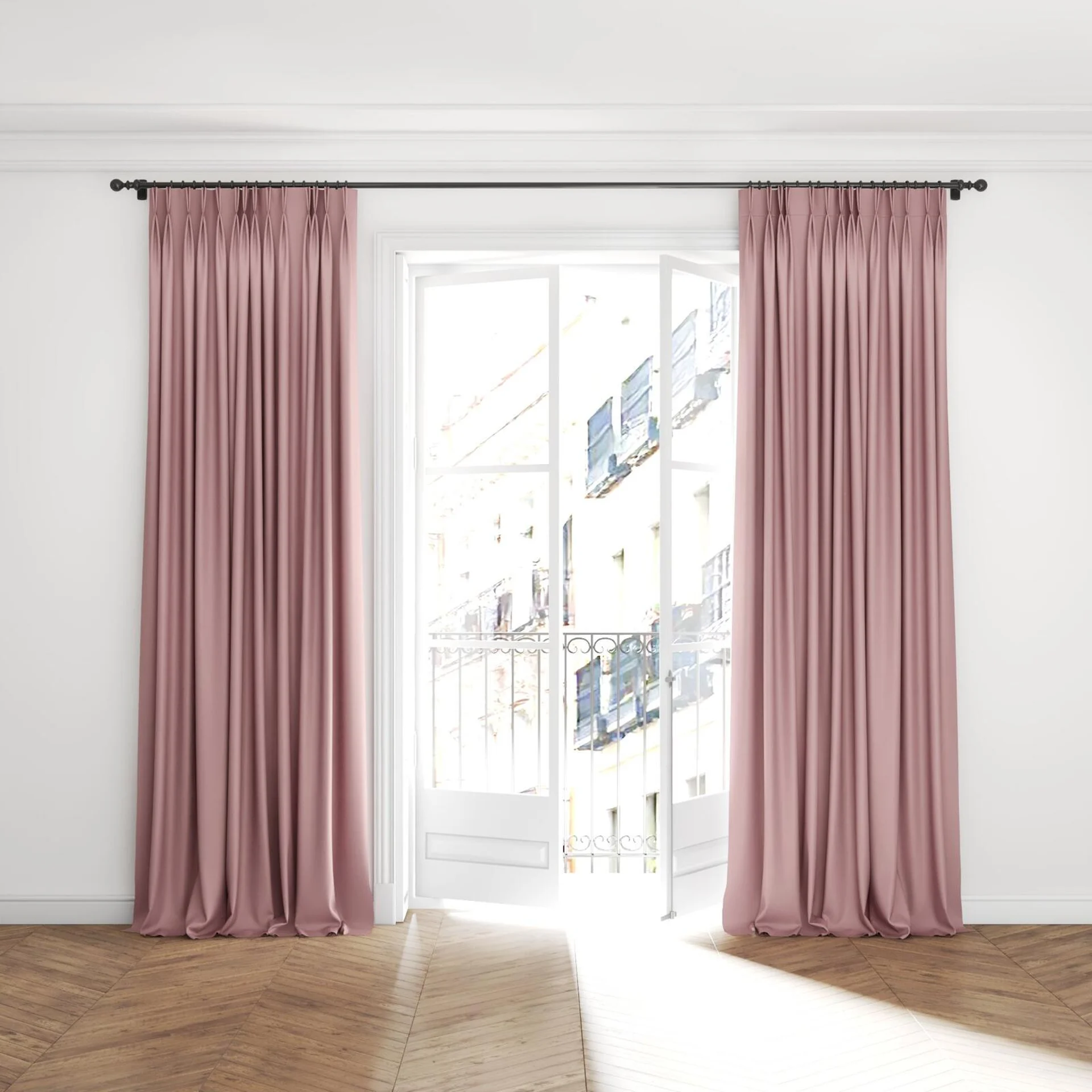 Full view of Re-Vive Blossom, puddled with pinch pleat, on curtain rod