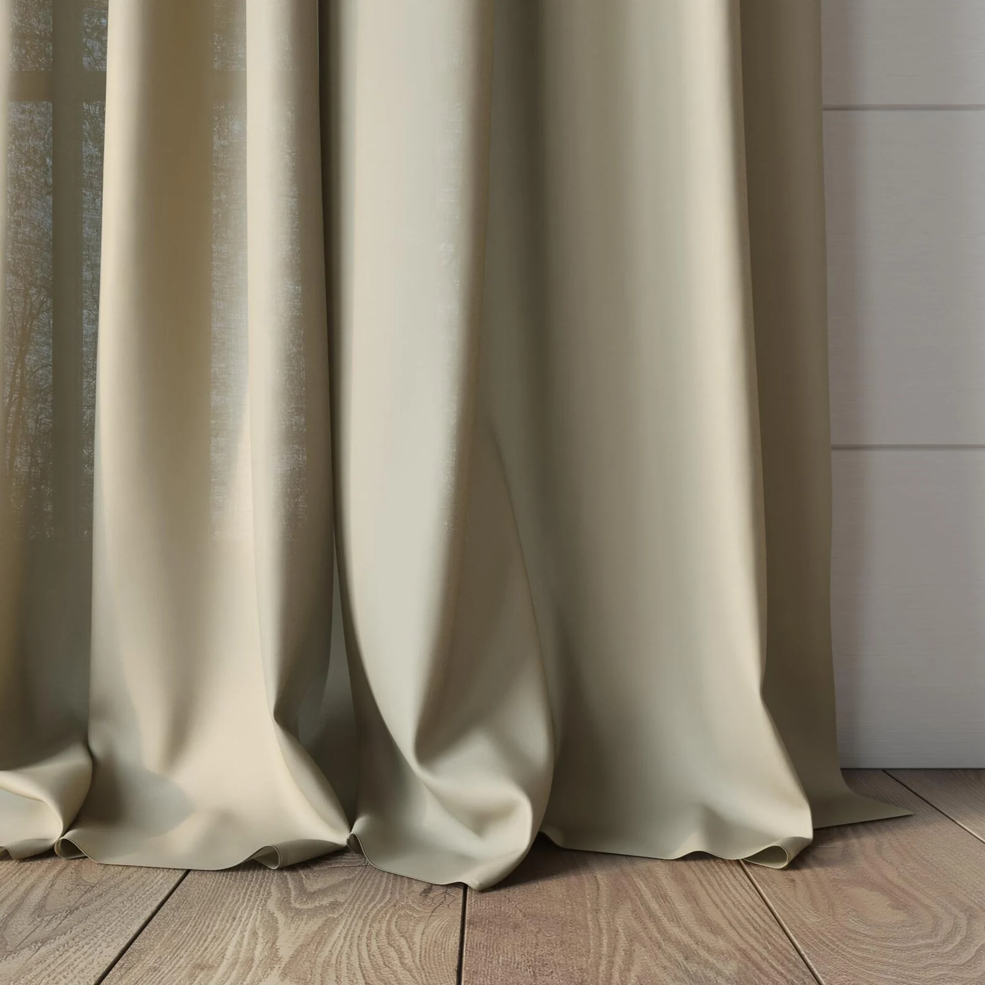 Bottom view of Kite Linen, puddled, on curtain rod