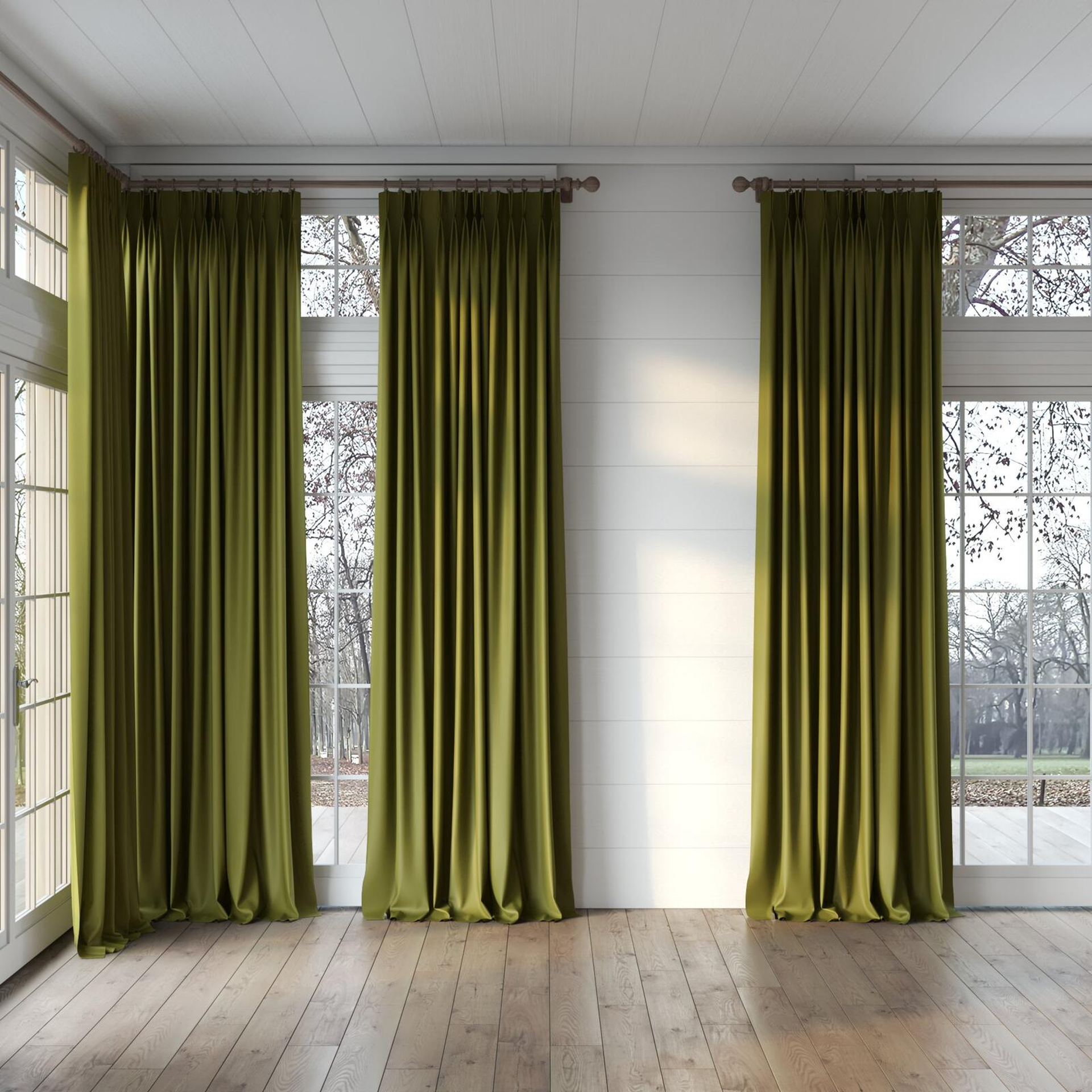 Full view of Vela Camouflage, puddled, on curtain rod