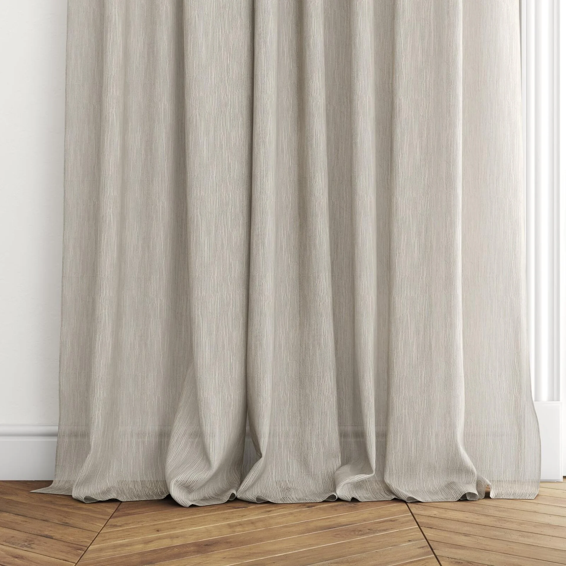Bottom view of Turbulent Haze, puddled with pinch pleat, on curtain rod